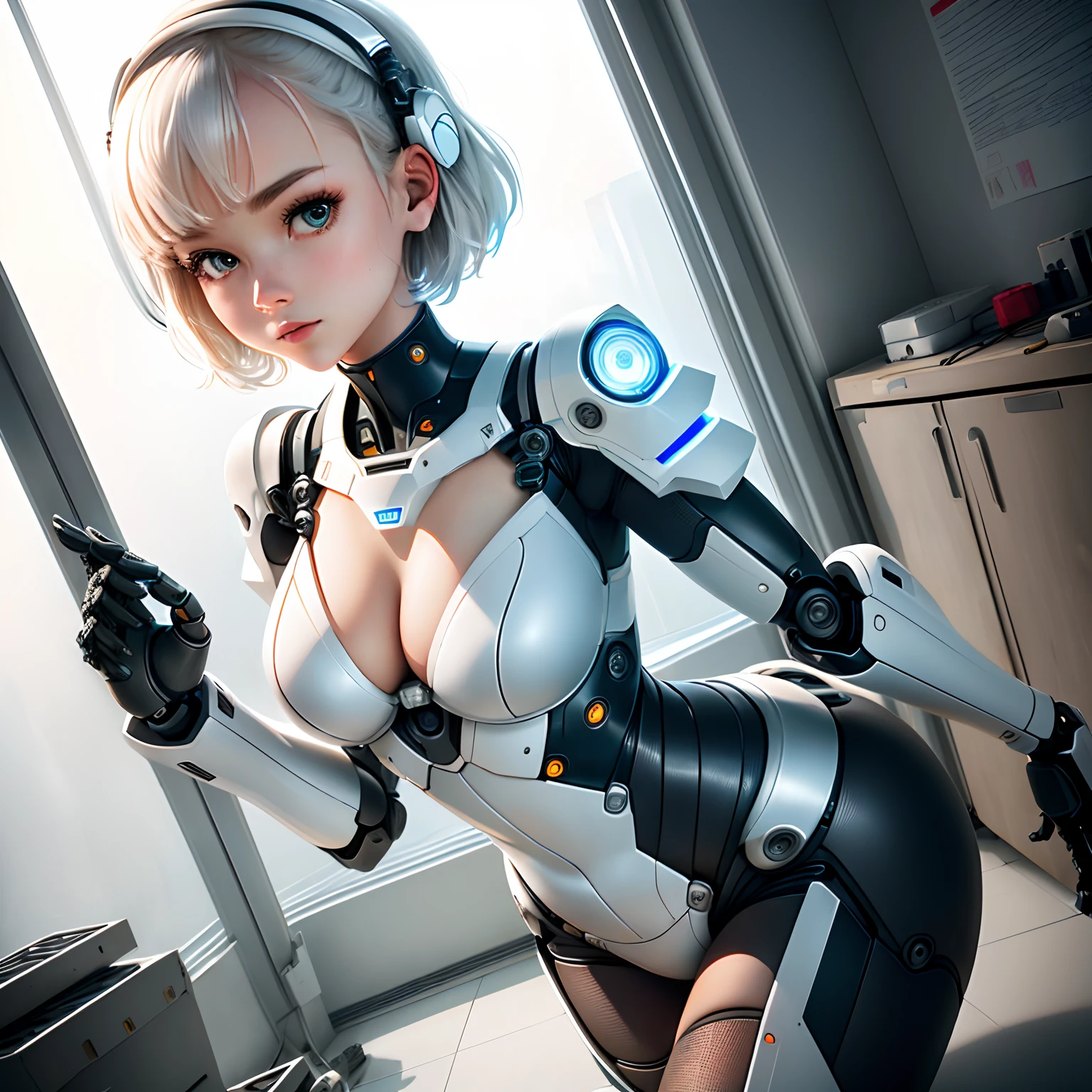 robot girl, plugsuit, human head, cute girly face, short hair, robotic arms, robotic legs, robotic hips, black bodysuit, metallic mesh, white armor bra, white armor panties, studio lighting, detailed robotics, hydraulics, mechanical joints, doll like, highly detailed, sharp, high quality, cutting edge, beautiful render, dramatic pose, detailed shading