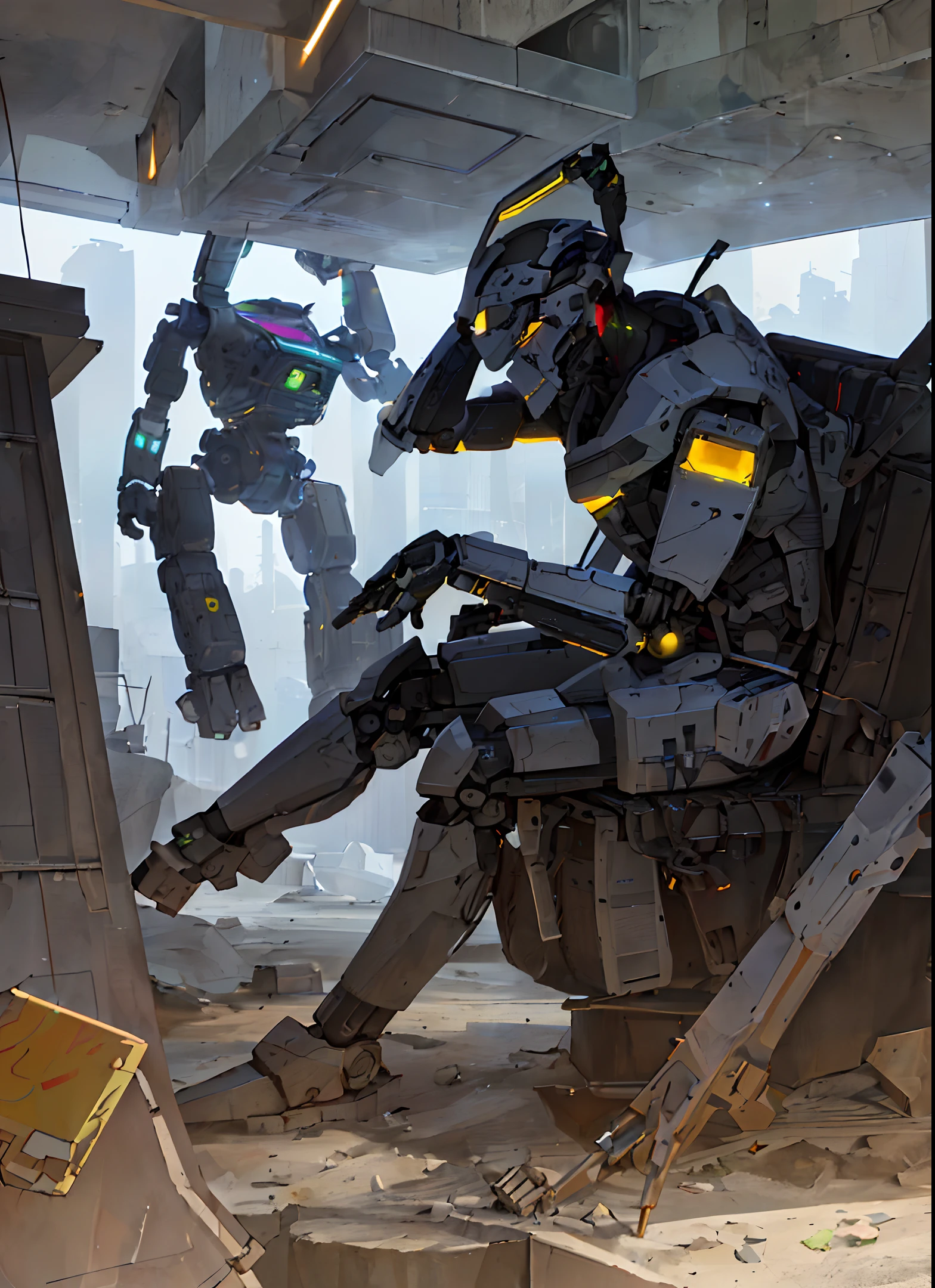((8k, RAW photo, best quality, masterpiece: 1.4))), ultra-high resolution, super detail, illustration, close-up, robot warrior, laboratory, spaceship made of stone, night, starry sky, building, future, imagination, nature