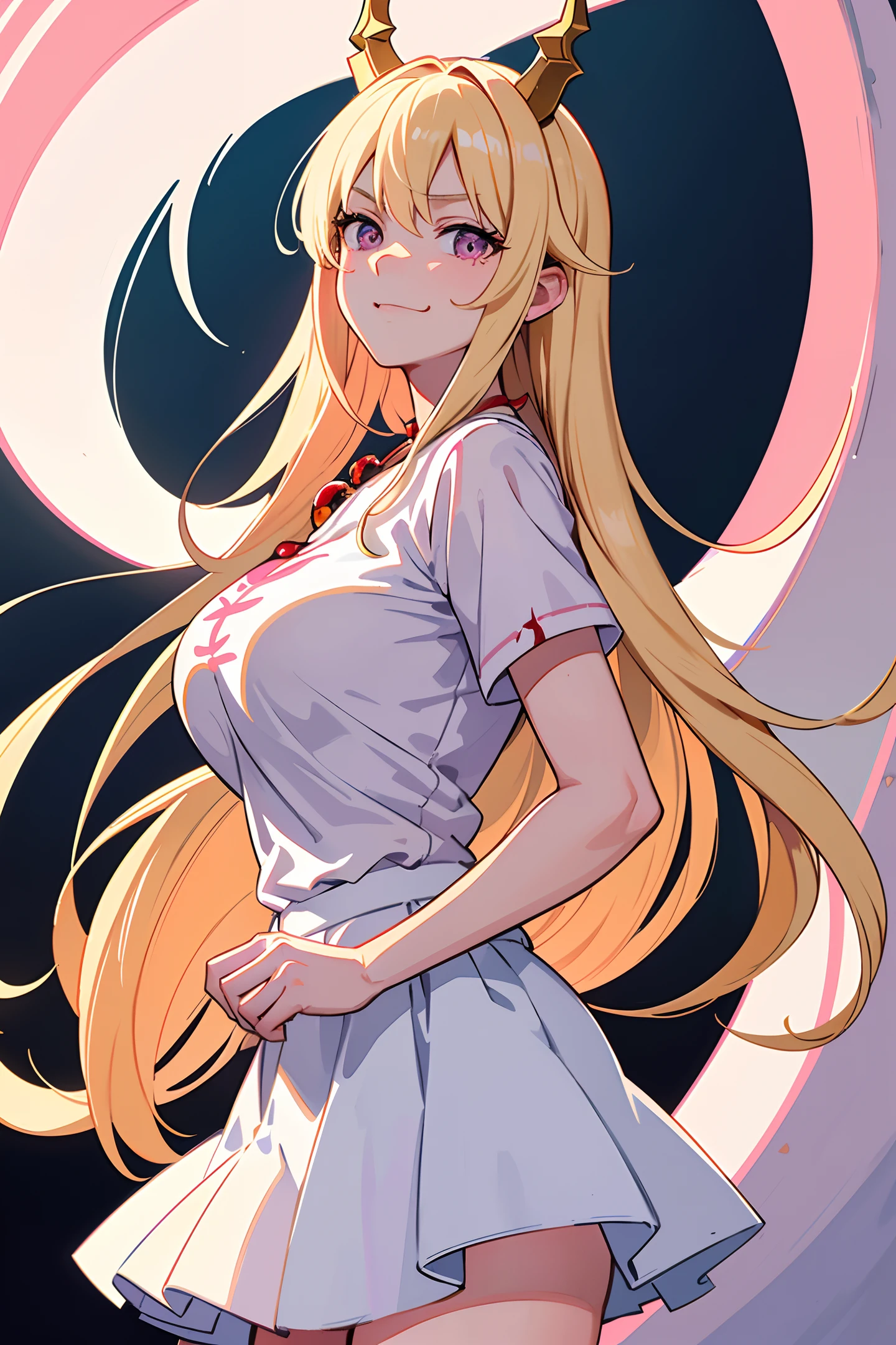(masterpiece: 1.2, top quality), (detail: 1.2), (solo), (pink eye), (pink eye), (fine face: 1.3), (beautiful background: 1.2), (ultra-fine CG, super detail, best shadow: 1.1), (depth of field), (watercolor), blonde (big boobs, dripping blood, beautiful concept illustration, white) background (0.5), white background (0.5), (very fine and beautiful: 1.1), (detail): 1.1) , cowboy seen from the side, t-shirt, shorts, long hair, red horns, bust up, shorts, smirking face, face up