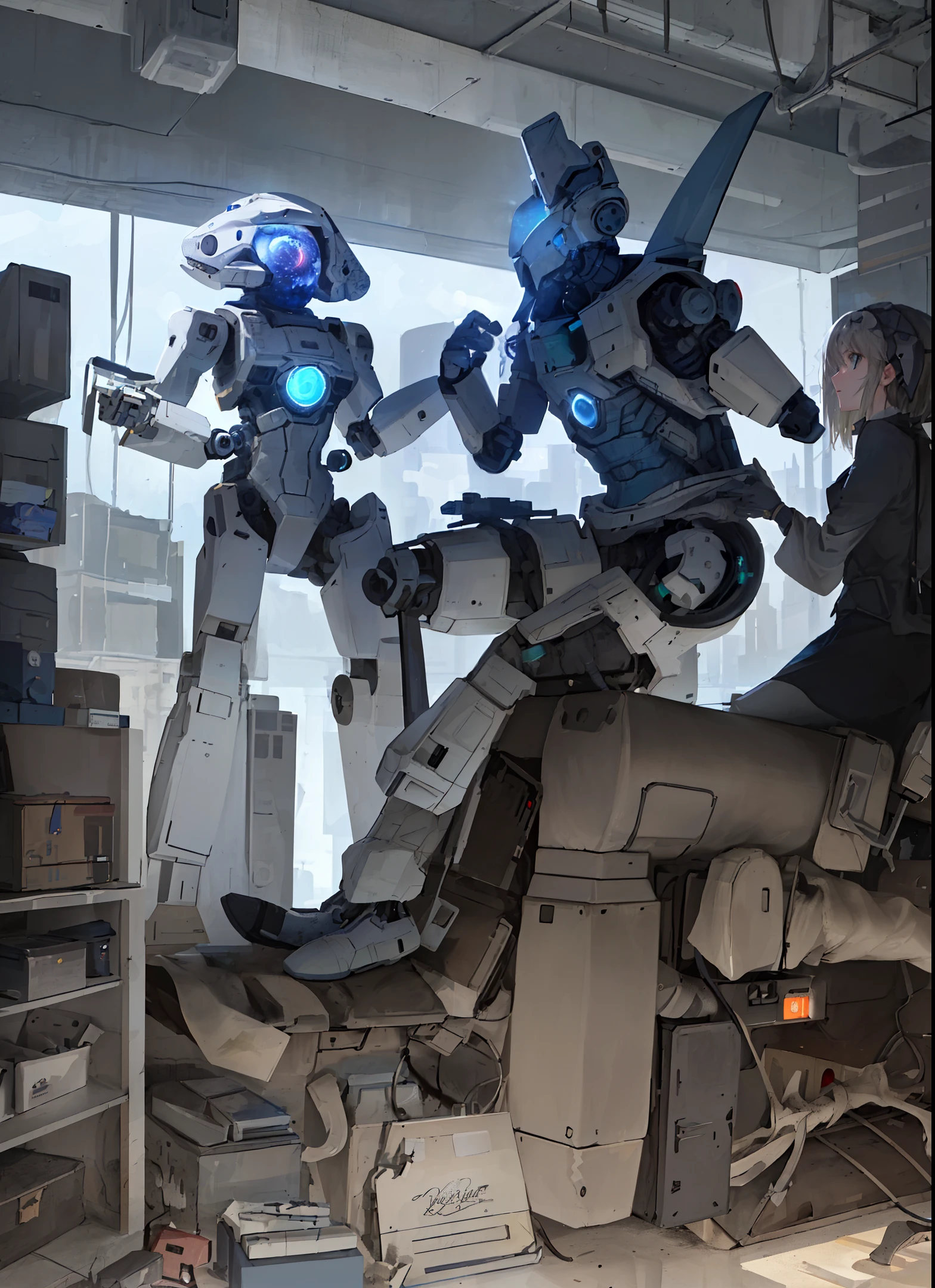 ((8k, RAW photo, best quality, masterpiece: 1.4))), ultra-high resolution, super detail, illustration, close-up, robot warrior, laboratory, spaceship made of stone, night, starry sky, building, future, imagination, nature