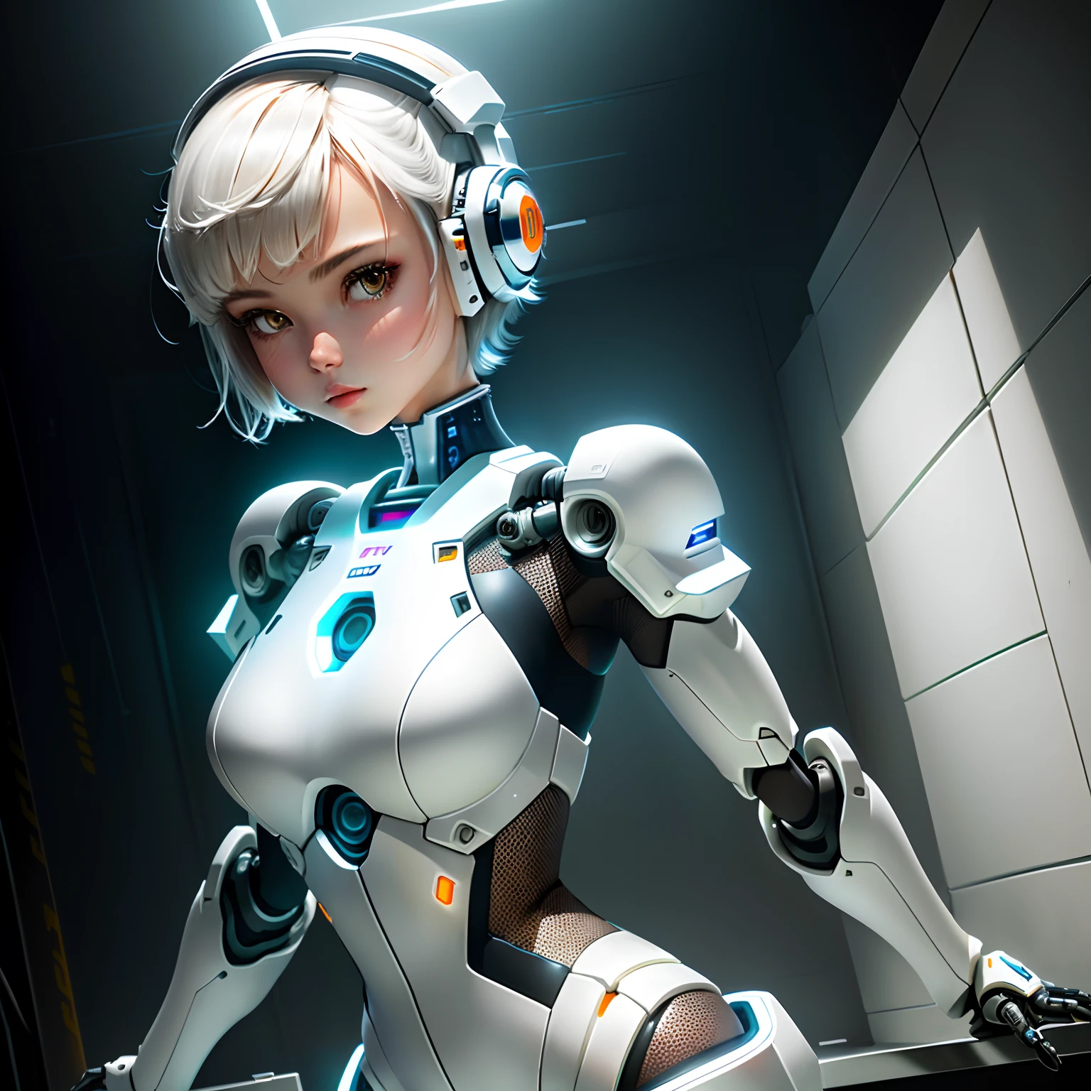robot girl, plugsuit, human head, cute girly face, short hair, robotic arms, robotic legs, robotic hips, black bodysuit, metallic mesh, white armor bra, white armor panties, studio lighting, detailed robotics, hydraulics, mechanical joints, doll like, highly detailed, sharp, high quality, cutting edge, beautiful render, dramatic pose, detailed shading   