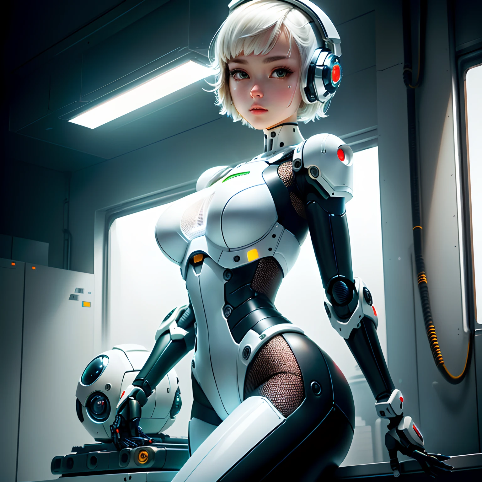 robot girl, plugsuit, human head, cute girly face, short hair, robotic arms, robotic legs, robotic hips, black bodysuit, metallic mesh, white armor bra, white armor panties, studio lighting, detailed robotics, hydraulics, mechanical joints, doll like, highly detailed, sharp, high quality, cutting edge, beautiful render, dramatic pose, detailed shading