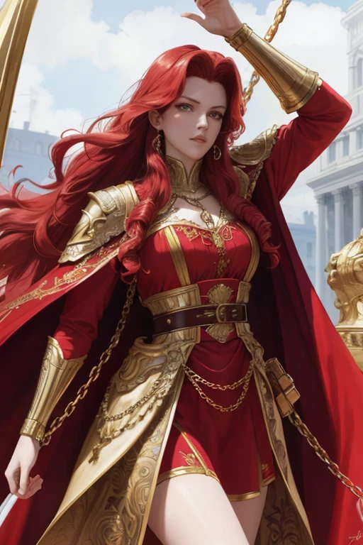 8K, exquisite, masterpiece, high detail, semi-realism, 1 person, mature woman, 21 years old, long red hair, curly hair, warrior's clothes, red cape, wide sword in hand, gold iron boots, slim figure, chain layout, chain calls, combat elements