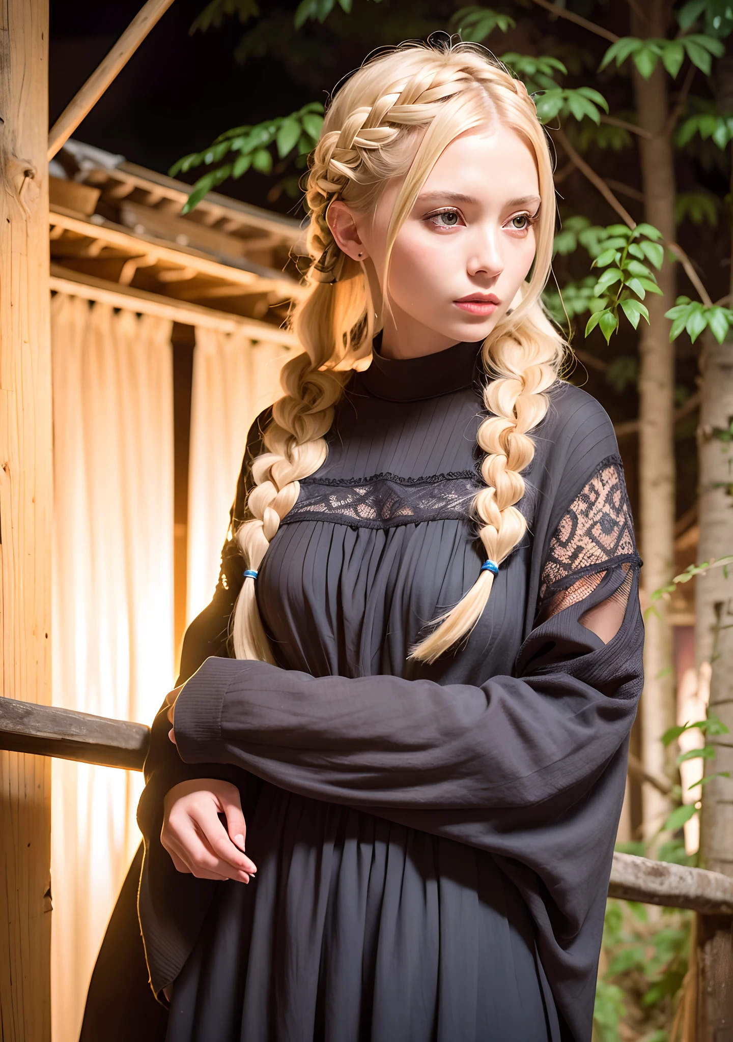 beautiful girl with a blond braid in a kokoshnik and a sundress, night, full moon illuminates the forest, hyperrealism, 8k