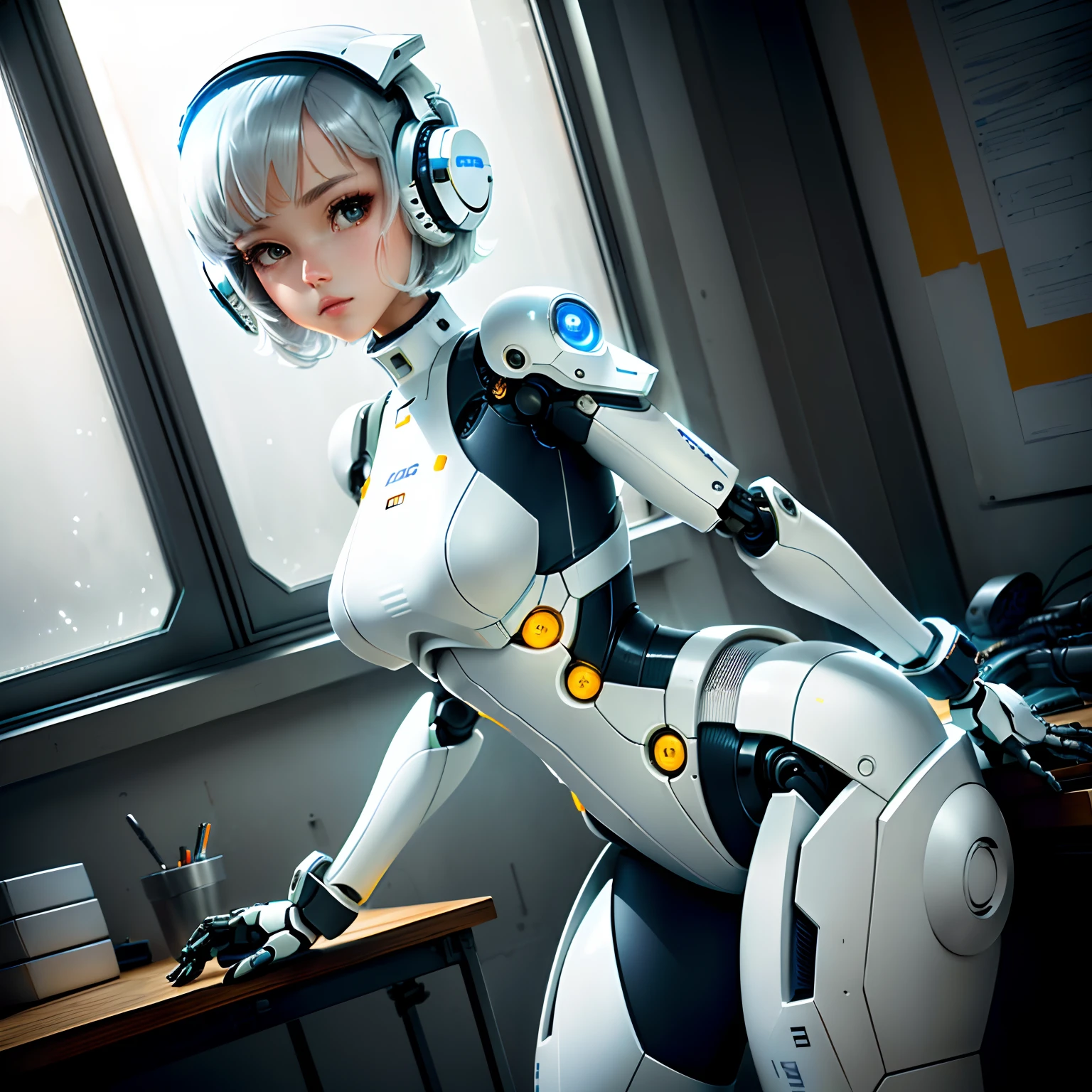 robot girl, plugsuit, human head, cute girly face, short hair, robotic arms, robotic legs, robotic hips, black bodysuit, peekaboo window, white armor bra, white armor panties, studio lighting, detailed robotics, hydraulics, mechanical joints, doll like, highly detailed, sharp, high quality, cutting edge, beautiful render, dramatic pose, detailed shading   