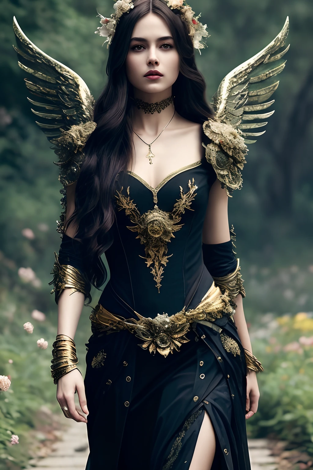 full body:1.6, walking pose, slow motion, (rogue thief:1.2) woman, multi-layered stitched,(dark-gold armor, many detail on armor), (intricately patterned cloth:1.2), (insanely detailed, flowering:1.5), (top quality, Alessandro Casagrande,
Greg Rutkowski, Sally Mann, concept art, 4k), (analog:1.2), (high sharpness), (detailed pupils:1.1), (painting:1.1), (digital painting:1.1), detailed face, eyes and body, masterpiece, best quality, (highly detailed photo:1.1), 8k, photorealistic, (long curvy hair, ecstasy:1.1), (young woman:1.1), by jeremy mann, by sandra chevrier, by maciej kuciara, sharp, (perfect body:1.1), realistic, real shadow, 3d, (europe castle background:1.2), (by Michelangelo), angel of death, innocent,  eyes, diadem, angel wings, black clothes, full body, arms behind back, sky, halo, post-apocalypse,