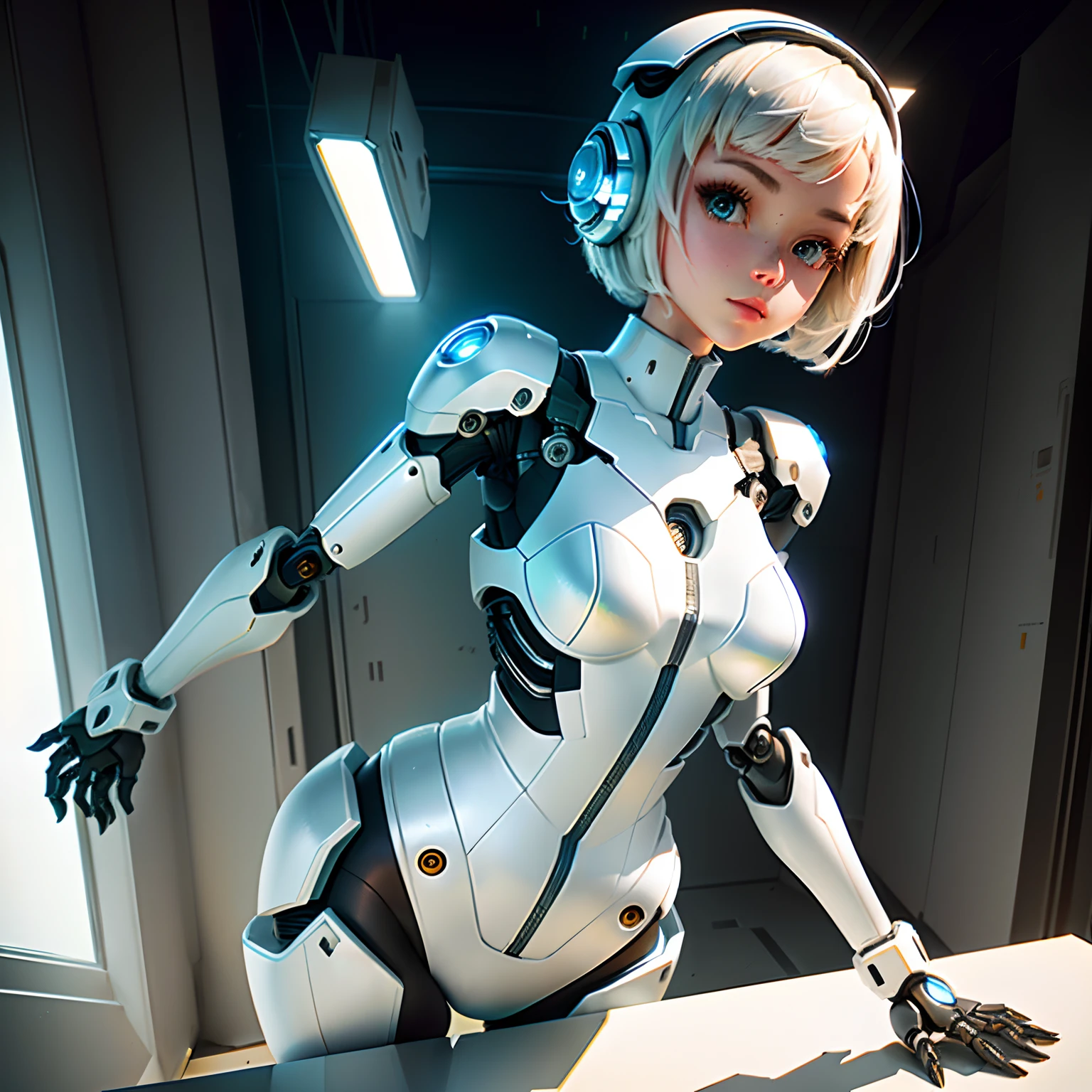 robot girl, plugsuit, human head, cute girly face, short hair, robotic arms, robotic legs, robotic hips, black bodysuit, peekaboo window, white armor bra, white armor panties, studio lighting, detailed robotics, hydraulics, mechanical joints, doll like, highly detailed, sharp, high quality, cutting edge, beautiful render, dramatic pose, detailed shading