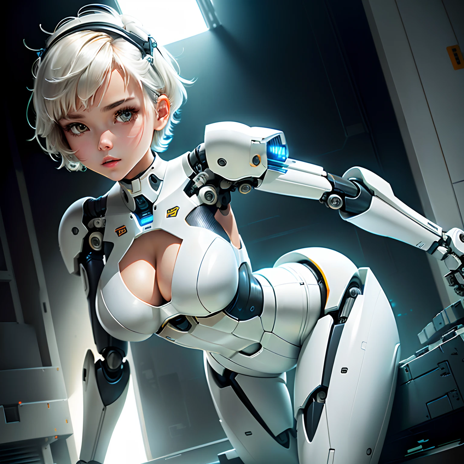 robot girl, plugsuit, human head, cute girly face, short hair, robotic arms, robotic legs, robotic hips, black bodysuit, cleavage, white armor bra, white armor panties, studio lighting, detailed robotics, hydraulics, mechanical joints, doll like, highly detailed, sharp, high quality, cutting edge, beautiful render, dramatic pose, detailed shading