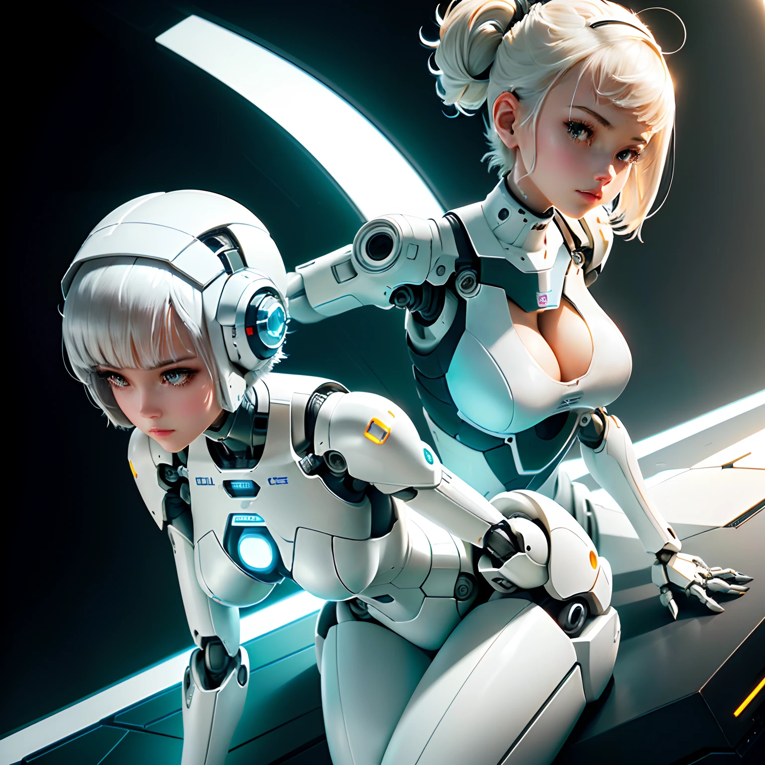 robot girl, plugsuit, human head, cute girly face, short hair, robotic arms, robotic legs, robotic hips, black bodysuit, cleavage, white armor bra, white armor panties, studio lighting, detailed robotics, hydraulics, mechanical joints, doll like, highly detailed, sharp, high quality, cutting edge, beautiful render, dramatic pose, detailed shading