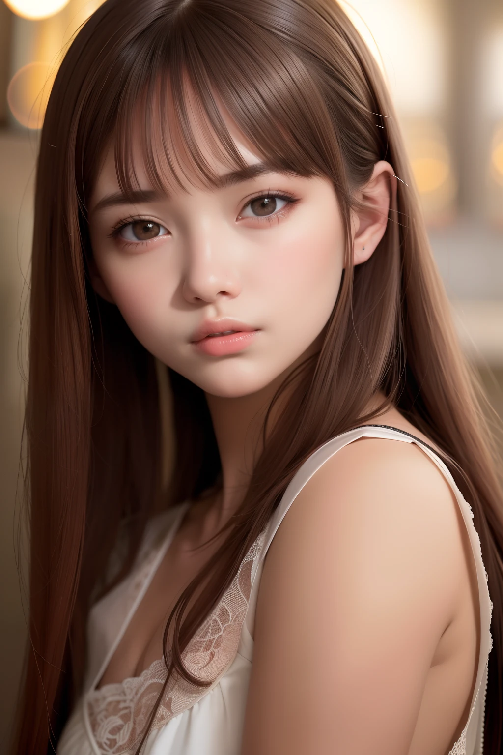 Top Quality, Masterpiece, (Reality: 1.2), 1 Girl, Brown Hair, Brown Eyes, Front View, Detailed Face, Beautiful Eyes