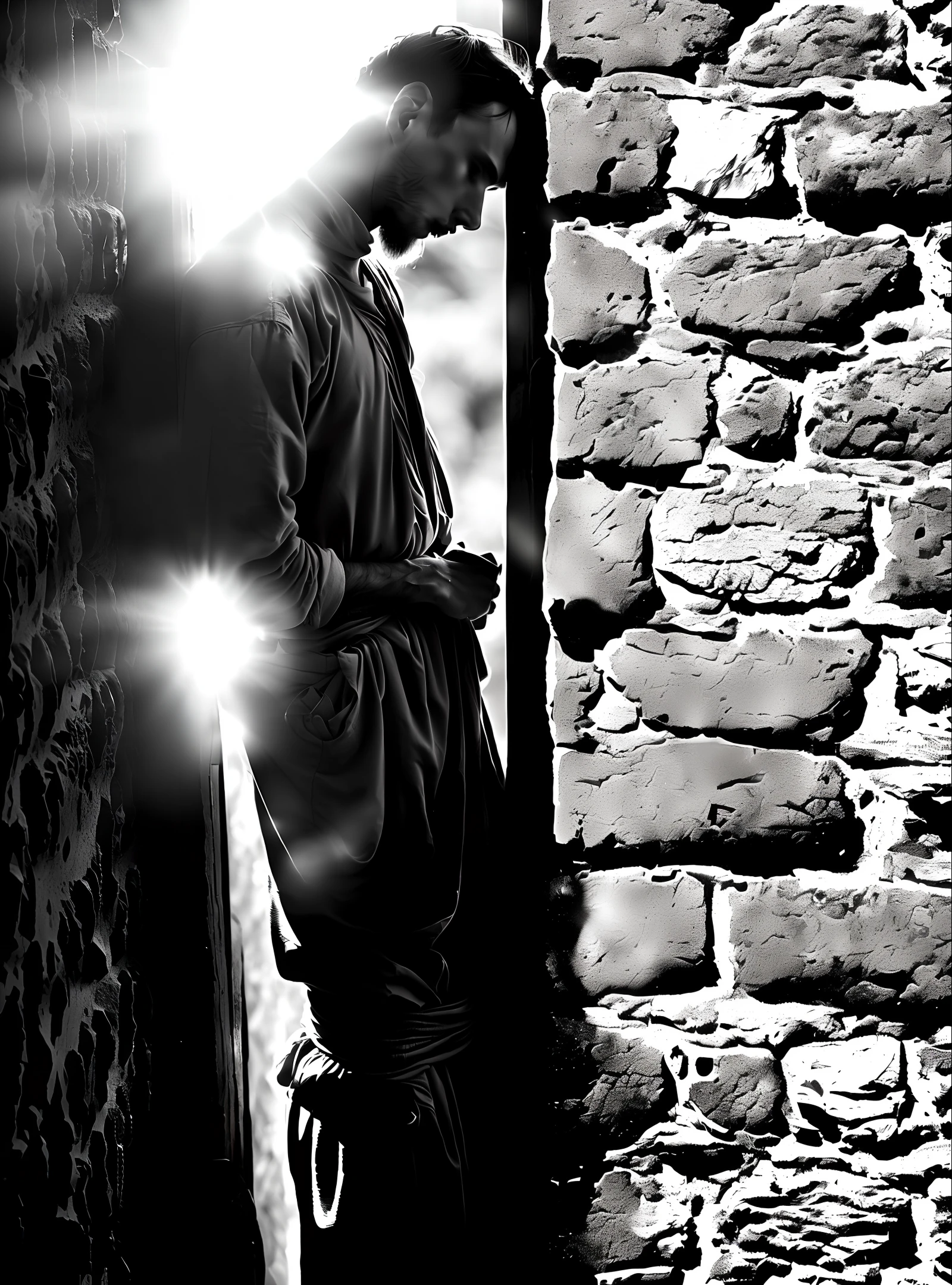 a pale skinny man in rags is chained to the stone wall of the cell, rays of light penetrate through the window bars, cinematic