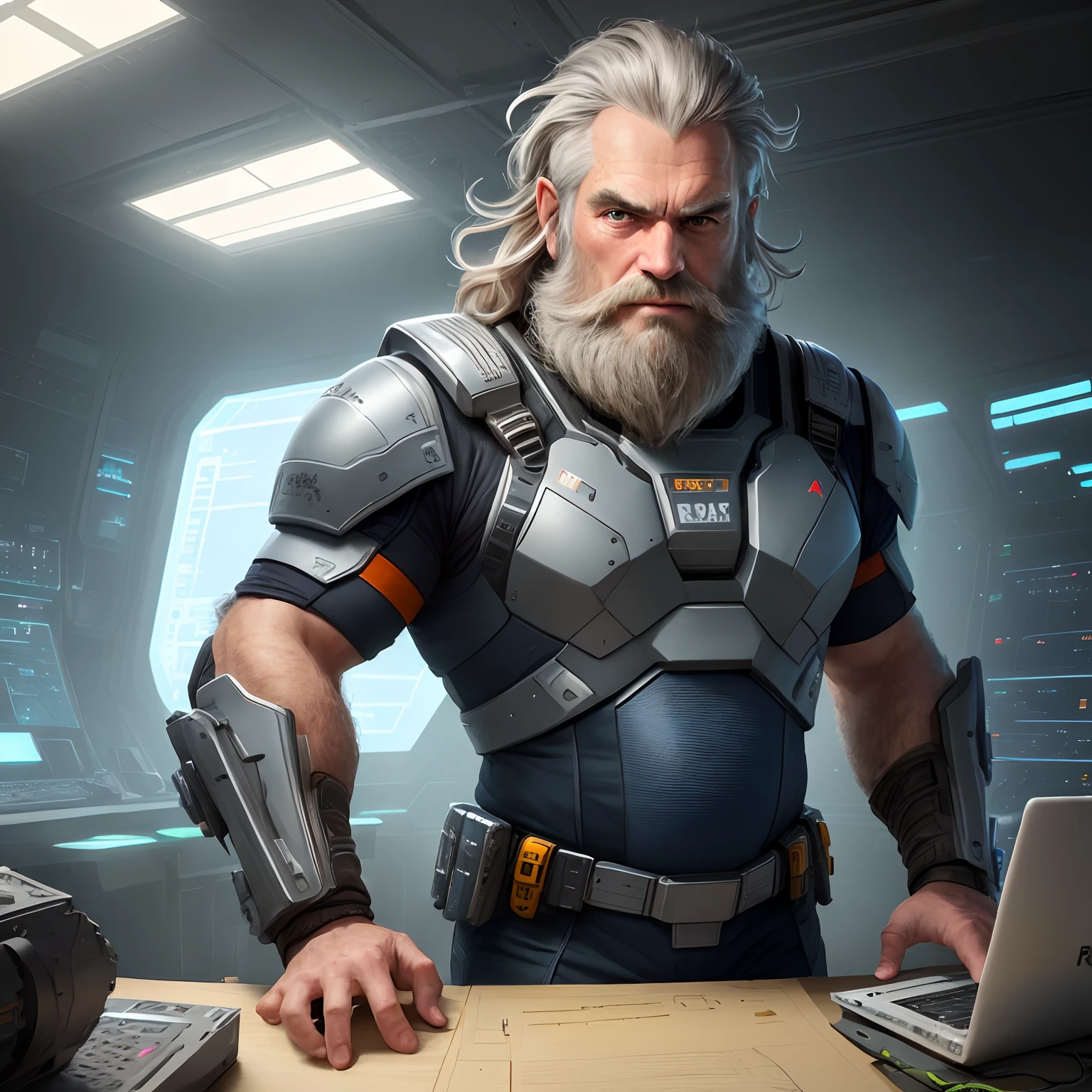 middle age man, beard, full belly, kind, gentle, loving, smart, unkempt hair, tough, leader, fighter, science fiction, futuristic uniform, studio lighting, spaceship setting, high quality render, ray tracing