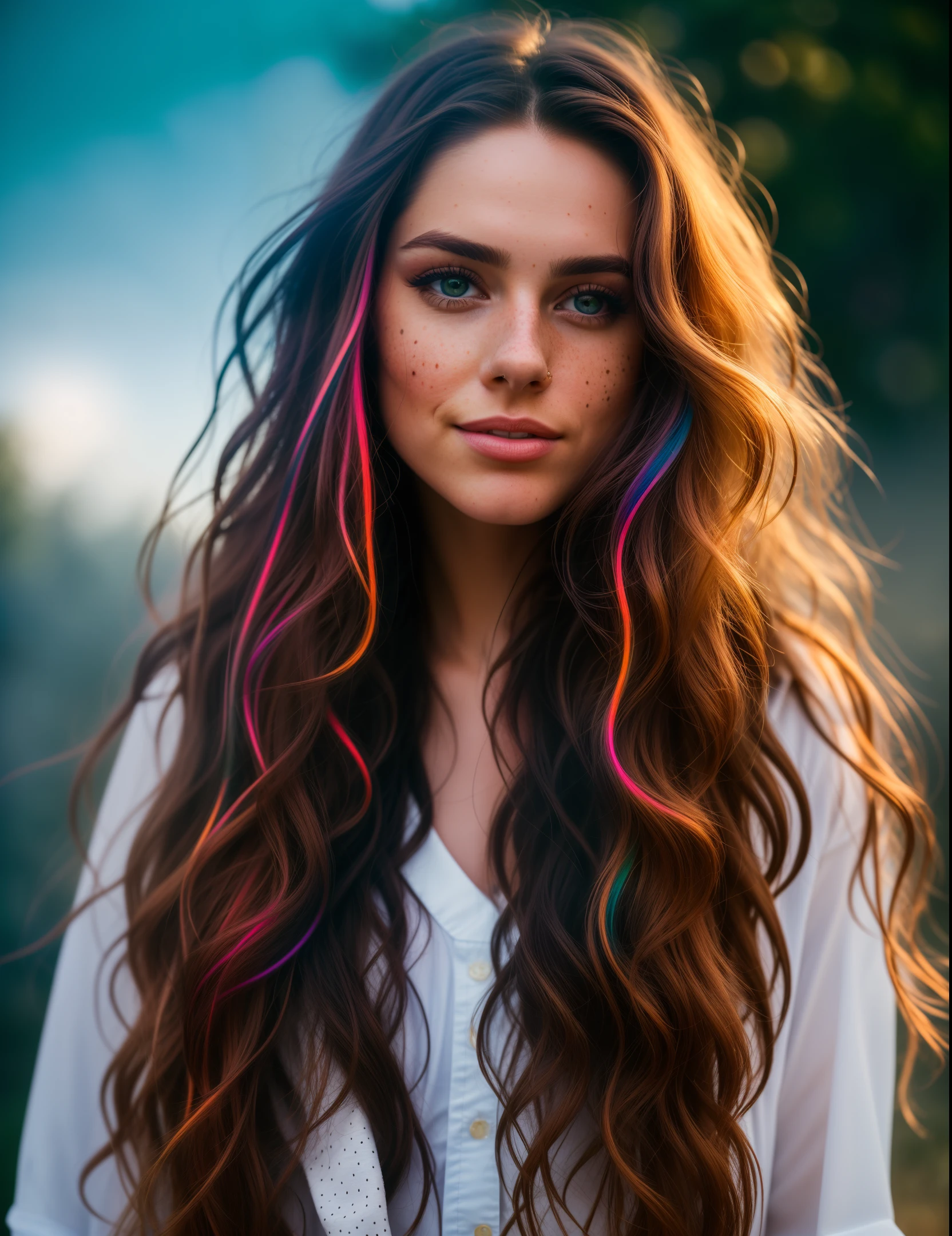 professional portrait photography of a gorgeous Russian girl, background — a crowded night rave in the open air with long wavy brown hair, a sultry flirty look (freckles), a gorgeous symmetrical face, cute natural makeup, realistic, concept art, elegant, highly detailed, complex, clear focus, depth of field, f/1.8, 85 mm, medium shot, medium shot, (((professional color correction))), clear focus, bright soft diffused light (surround fog), trending in instagram, hdr 4k, 8k 