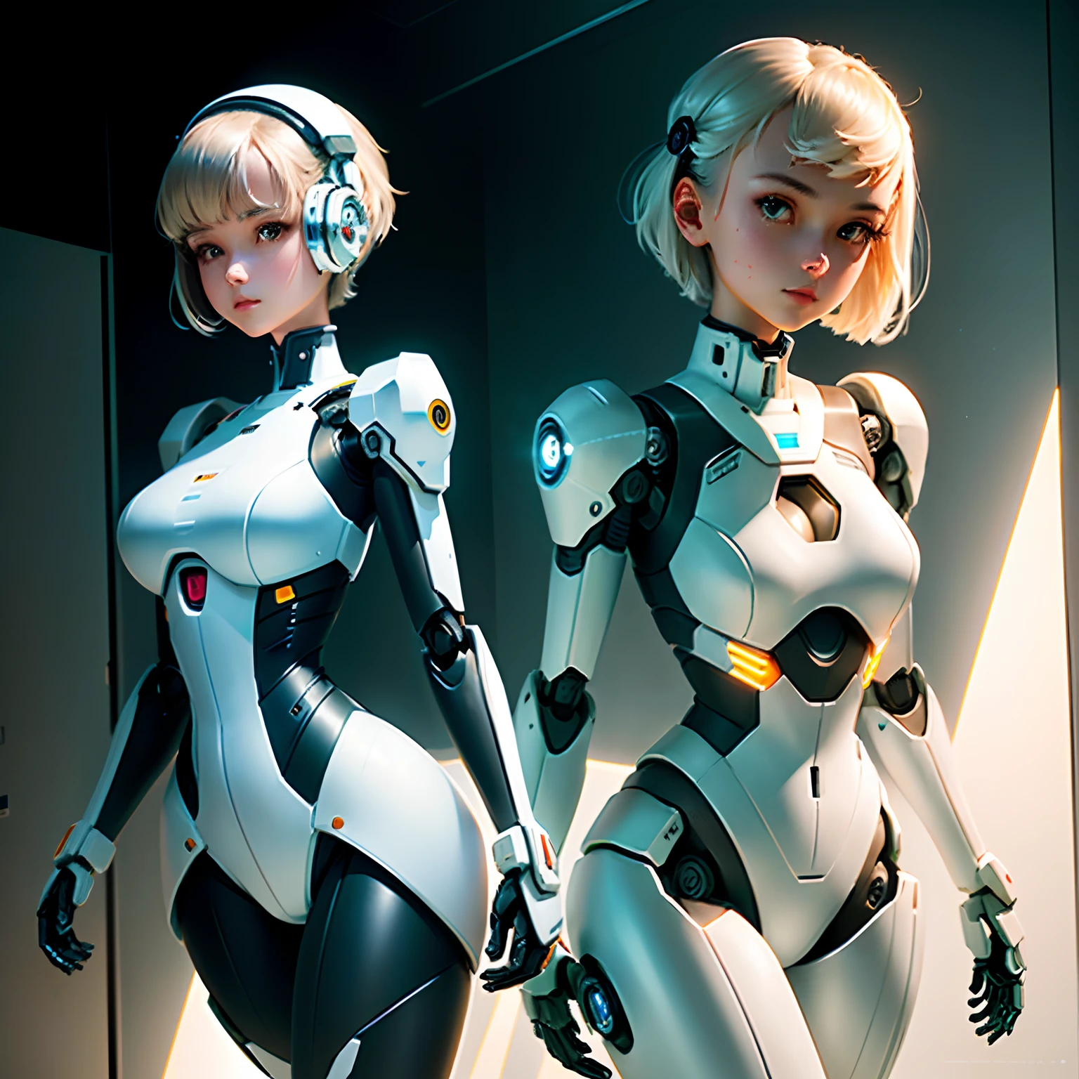 robot girl, plugsuit, human head, cute girly face, short hair, robotic arms, robotic legs, robotic hips, black bodysuit, cleavage, close fitting white armor, flat belly showing, studio lighting, detailed robotics, hydraulics, mechanical joints, doll like, highly detailed, sharp, high quality, cutting edge, beautiful render, dramatic pose, detailed shading   