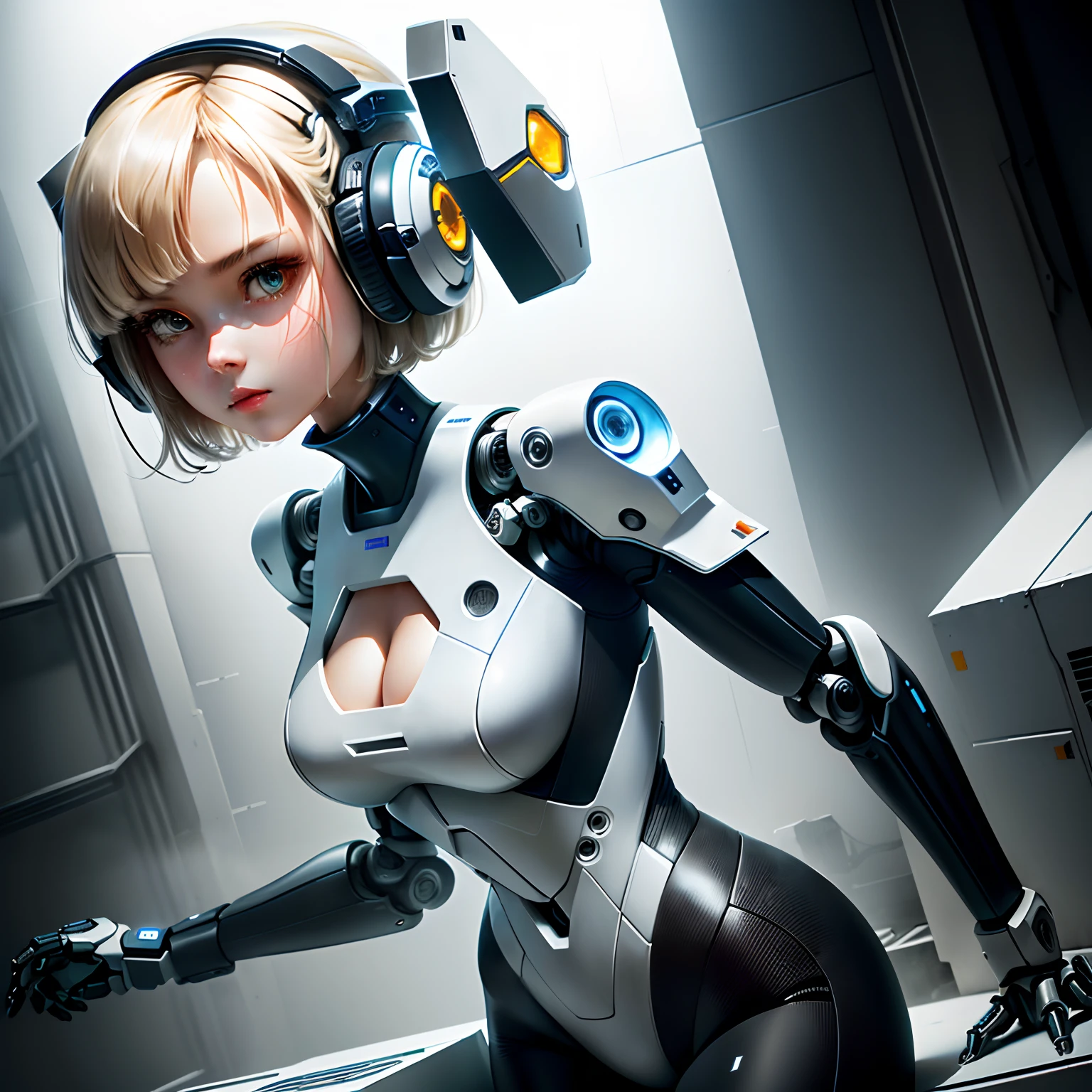 robot girl, plugsuit, human head, cute girly face, short hair, robotic arms, robotic legs, robotic hips, black bodysuit, cleavage, close fitting white armor, flat belly showing, studio lighting, detailed robotics, hydraulics, mechanical joints, doll like, highly detailed, sharp, high quality, cutting edge, beautiful render, dramatic pose, detailed shading