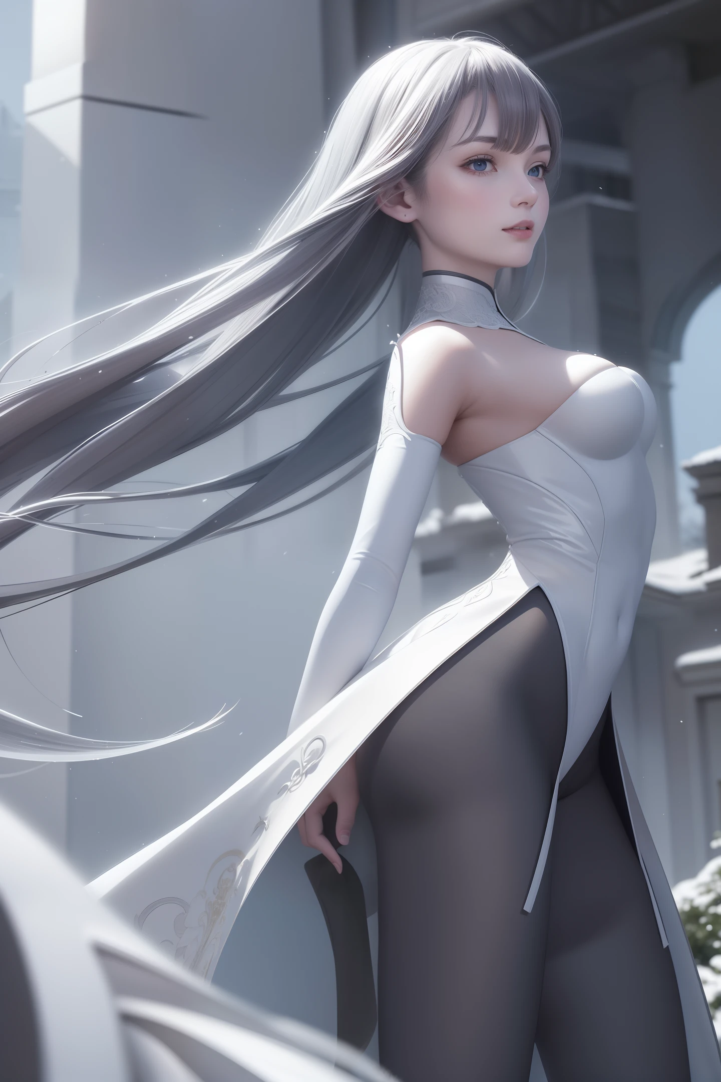 (masterpiece, best quality)), solo,1girl, ray_tracing, slim figure, beautiful curves, correct limbs, best shadows, realistic lighting, subtle smiles, delicate expressions, exquisite girls, perfect anatomy, fantasy, dragons and dungeons, magic, elegant backgrounds, stunts, perfect_face, lustros_skin, beautiful_eyes, whole_body, snow_storm, cold, frost, snow_storm , cold, frost, snow_storm, cold, frost, snowy ground, outside, no_building, magic, dress, coat