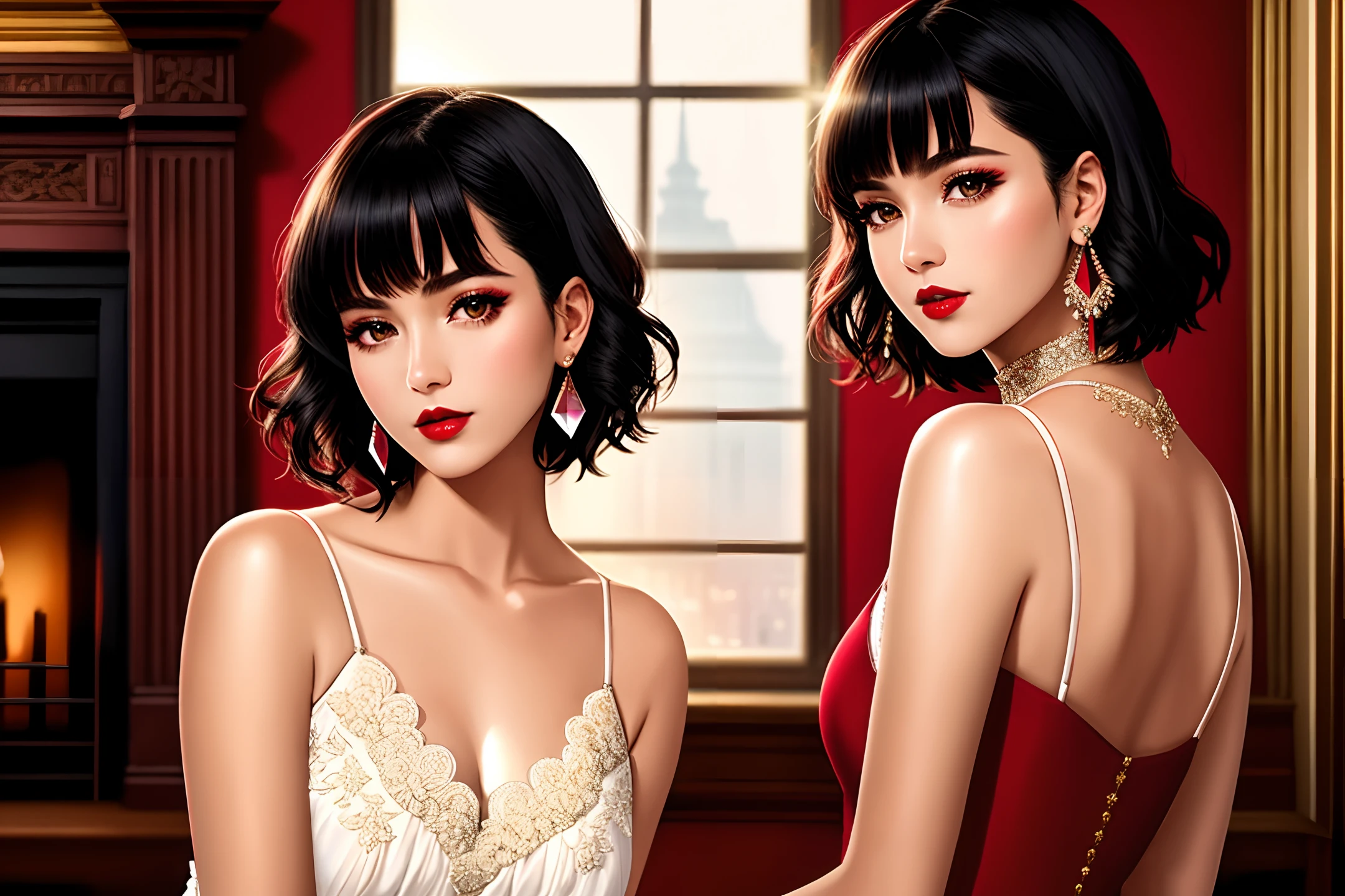 high-quality digital art, short hair, black hair,, black eyes, red lips, white skin, red nails, picture-perfect face, flawless, clean, masterpiece, (((sharp))) ((focus)) (instagram) (8k) masterpiece, beautiful outfit, delicate tracing, pink accents, digital painting, inside, fireplace, highly detailed light, cinematic light, high-quality, a digital painting masterpiece, best quality, absurdly high resolution, cozy, library, purring cat, detailed background, big window, moon, shiny reflection, intricate details, glow, shiny hair, short black hair, lustrous skin, smooth, one girl