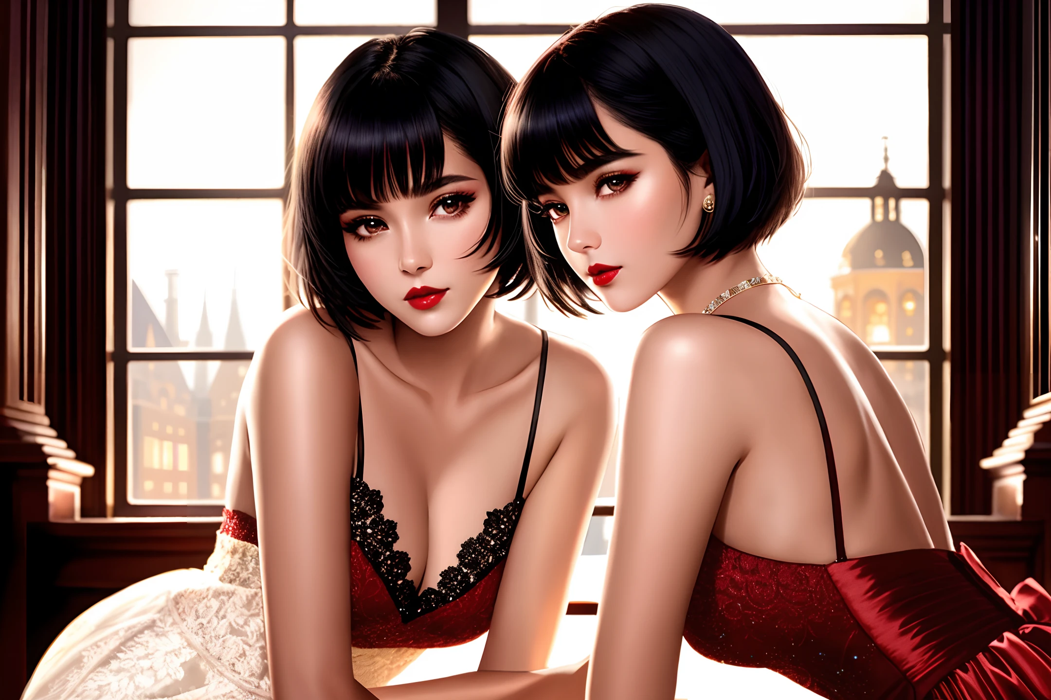 high-quality digital art, short hair, black hair,, black eyes, red lips, white skin, red nails, picture-perfect face, flawless, clean, masterpiece, (((sharp))) ((focus)) (instagram) (8k) masterpiece, beautiful outfit, delicate tracing, pink accents, digital painting, inside, fireplace, highly detailed light, cinematic light, high-quality, a digital painting masterpiece, best quality, absurdly high resolution, cozy, library, purring cat, detailed background, big window, moon, shiny reflection, intricate details, glow, shiny hair, short black hair, lustrous skin, smooth, one girl
