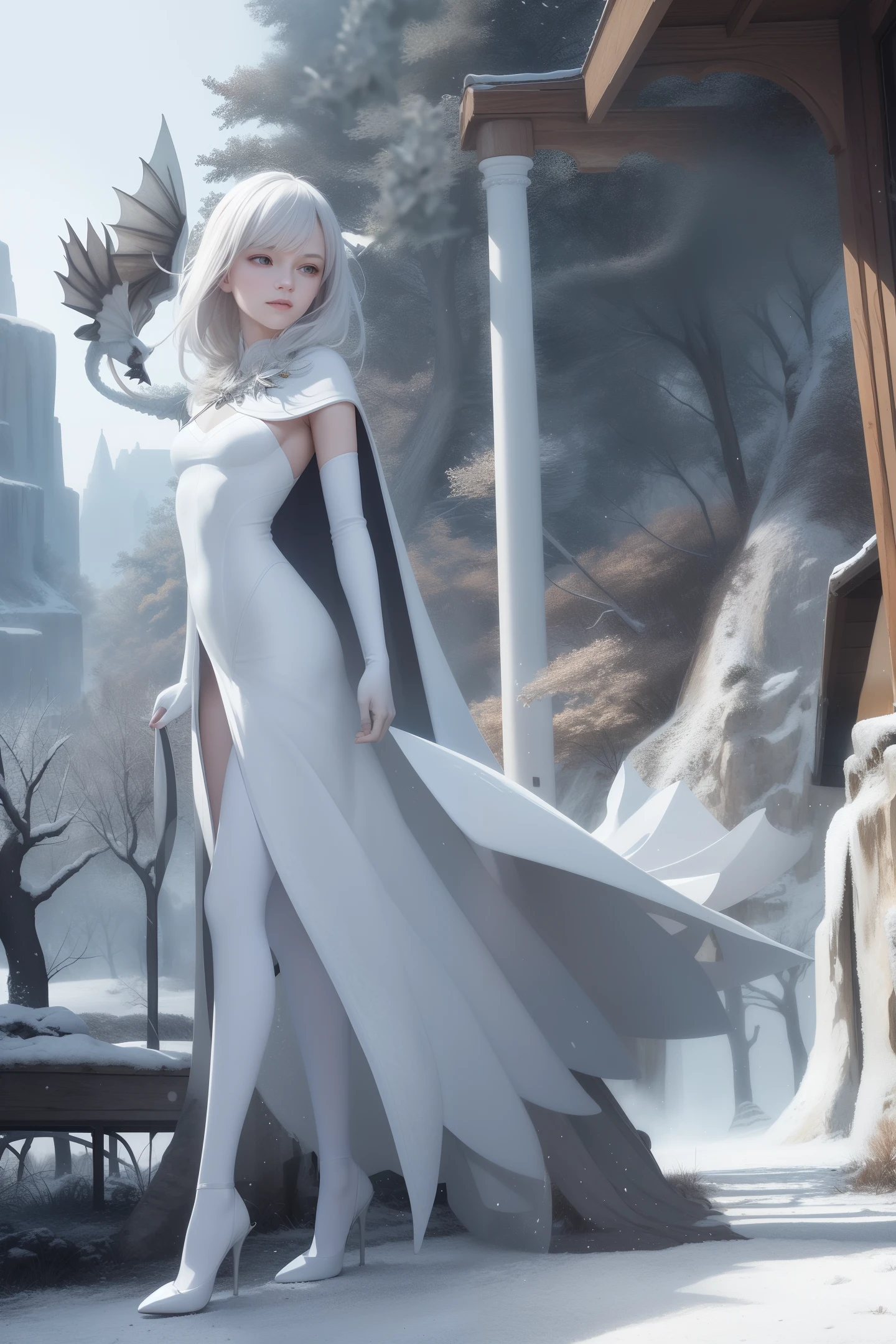 (masterpiece, best quality)), solo1 girl, ray_tracing, slim figure, beautiful curves, correct limbs, best shadows, realistic lighting, subtle smiles, delicate expressions, perfect anatomy, fantasy, dragons and dungeons, magic, elegant background, perfect_face, lustrous_skin, beautiful_eyes, whole_body, snow_storm, cold, wind, frost storm, cold, frost freeze, snow, outdoor, no_building, magic, dress, cape