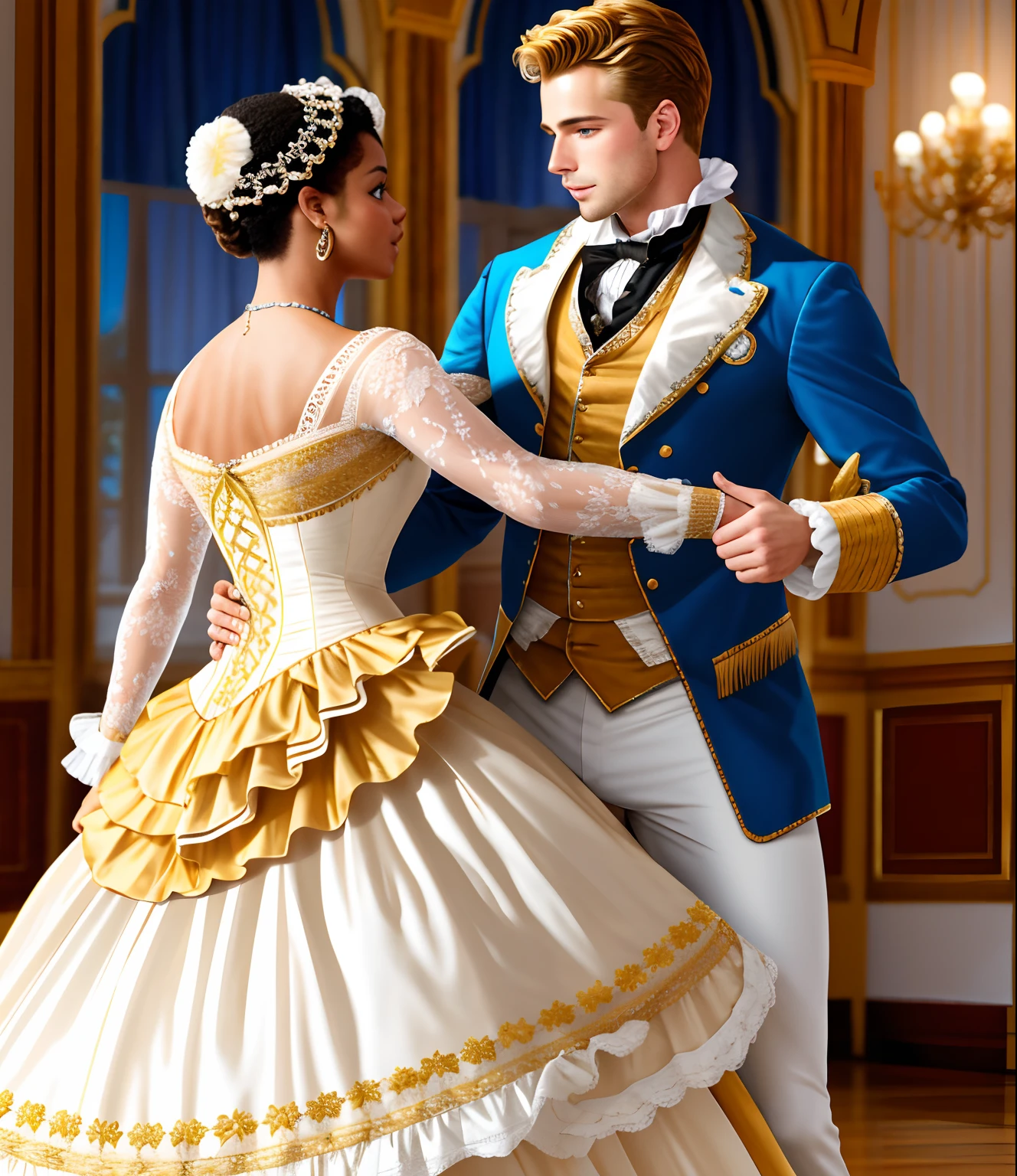 a masterpiece, an attractive clean-shaven white man and a beautiful young mulatto, waltz, 18th century ballroom, Agfacolor, captured with a 5D camera and enhanced with 3D lighting techniques. The optics and reflections create an incredibly complex and sophisticated image, super detailed and elegant, with hyper-realistic qualities.