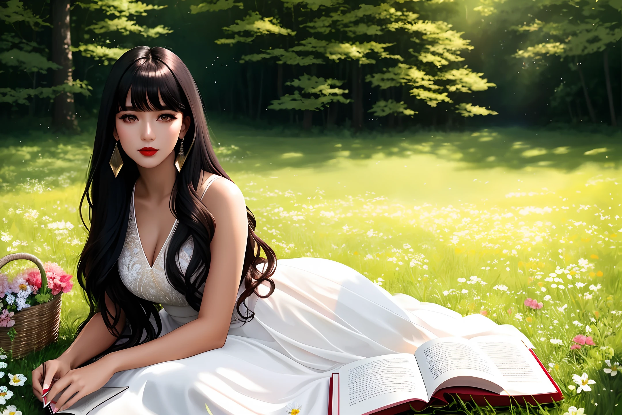 high-quality digital art, red lips, wavy long hair, black hair, bangs, straight bangs, brown eyes, white skin, red nails, picture-perfect face, flawless, clean, masterpiece, (((sharp))) ((focus)) (instagram) (8k) masterpiece, beautiful outfit, delicate tracing, pink accents, digital painting, outside, forest, highly detailed light, cinematic light, high-quality, a digital painting masterpiece, best quality, absurdly high resolution, lying on the grass, resting next to a tree, cozy, flowers, butterfly, detailed background, reading a book, magic book, sunny day, clear sky, shiny reflection, intricate details, glow, shiny hair, long black hair, lustrous skin, smooth, one girl , full body shot