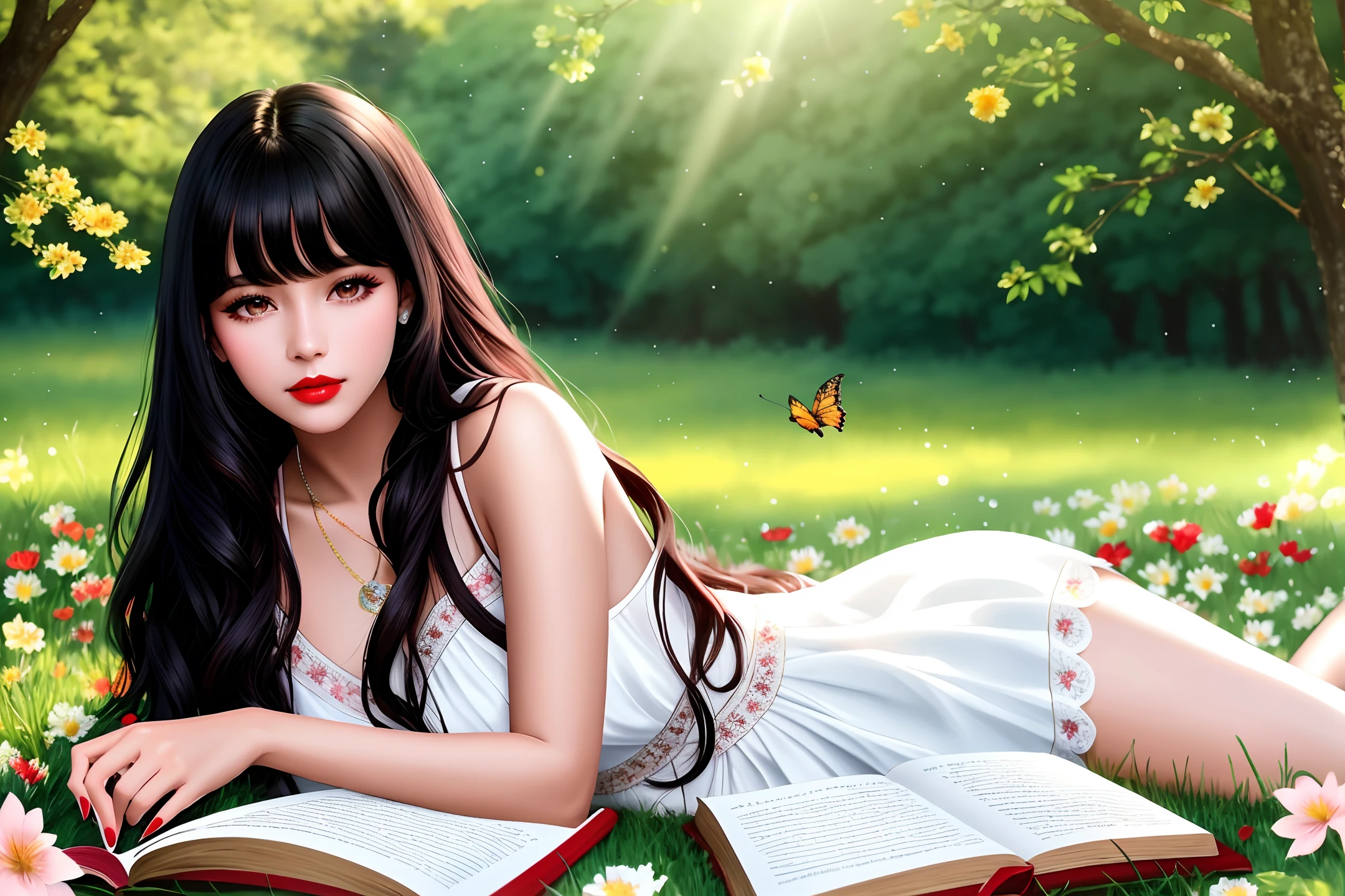  high-quality digital art, red lips, wavy long hair, black hair, bangs, straight bangs, brown eyes, white skin, red nails, picture-perfect face, flawless, clean, masterpiece, (((sharp))) ((focus)) (instagram) (8k) masterpiece, beautiful outfit, delicate tracing, pink accents, digital painting, outside, forest, highly detailed light, cinematic light, high-quality, a digital painting masterpiece, best quality, absurdly high resolution, lying on the grass, resting next to a tree, cozy, flowers, butterfly, detailed background, reading a book, magic book, sunny day, clear sky, shiny reflection, intricate details, glow, shiny hair, long black hair, lustrous skin, smooth, one girl , full body shot 
