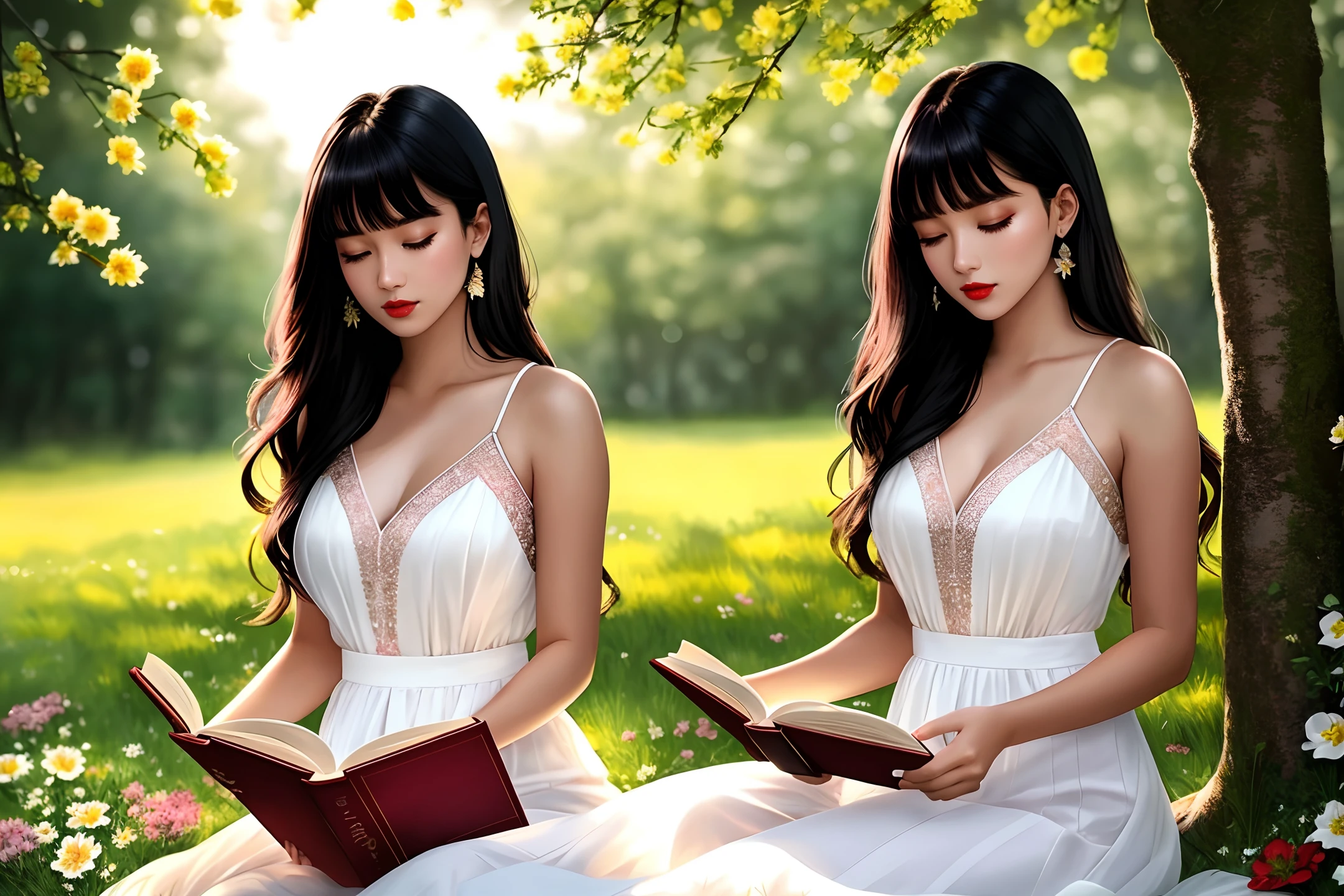  high-quality digital art, red lips, wavy long hair, black hair, bangs, straight bangs, brown eyes, white skin, red nails, picture-perfect face, flawless, clean, masterpiece, (((sharp))) ((focus)) (instagram) (8k) masterpiece, beautiful outfit, delicate tracing, pink accents, digital painting, outside, forest, highly detailed light, cinematic light, high-quality, a digital painting masterpiece, best quality, absurdly high resolution, lying on the grass, resting next to a tree, cozy, flowers, butterfly, detailed background, reading a book, magic book, sunny day, clear sky, shiny reflection, intricate details, glow, shiny hair, long black hair, lustrous skin, smooth, one girl , full body shot 