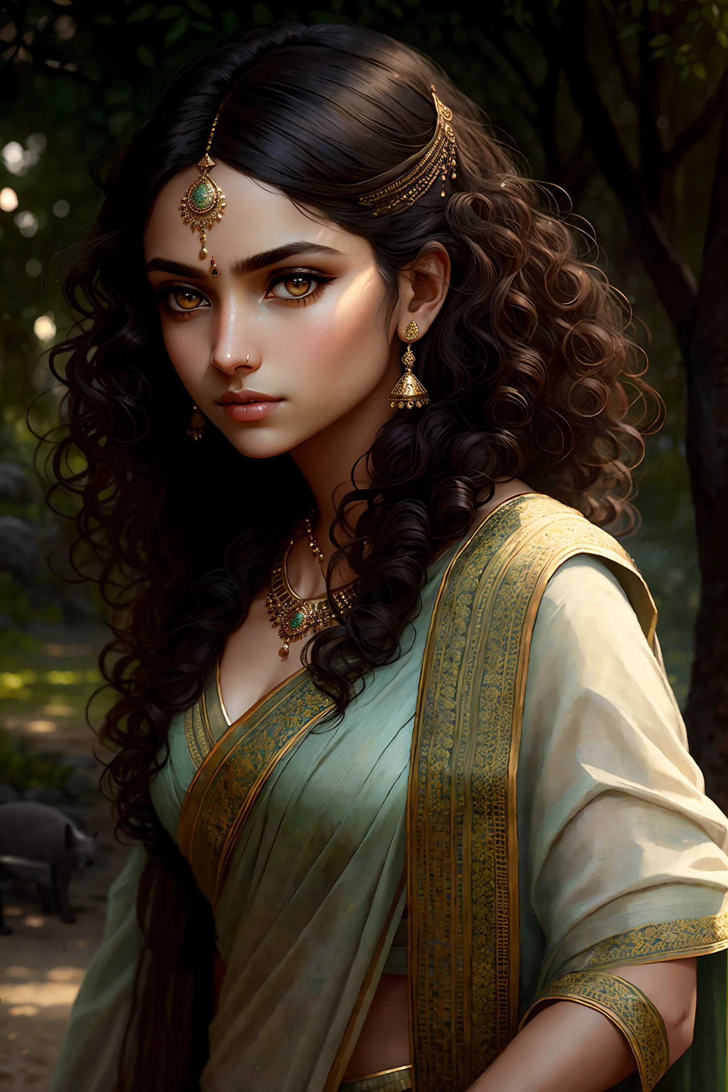 (sharp focus: 1.2), photo, Indian woman goddess, (beautiful face: 1.1), detailed eyes, long hair, (cat eye makeup: 0.85), (big eyes: 1.0), (toned body: 1.2), (curly hair:1.2), dressed (sari:1.2) standing in the garden (beach:1.2). (gloomy lighting: 1.2), depth of field, bokeh, 4K, HDR. author (James S. Christensen:1.2|Jeremy Lipking:1.1), brown eyes, bracelets and body jewelry