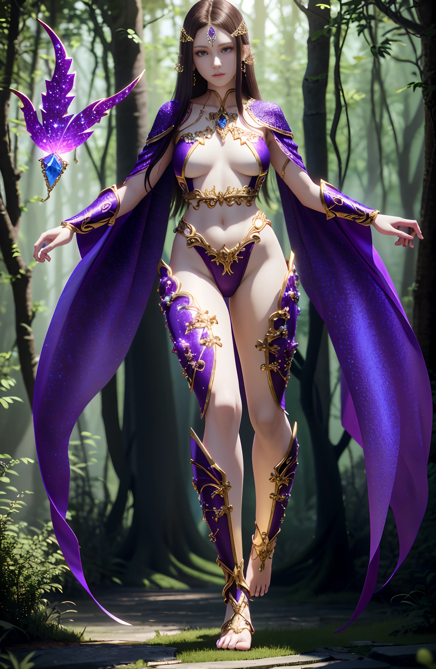 Complex 3D rendering, realistic, light chasing, magical world, full-body CG, standing barefoot, pretty (-yeld pagirl, perfect female figure, pretty face, long dark hair, jewel decoration), smooth forehead, realism, thigh details, super detail, super skin, (full body), 8k, (original image), CG, purple