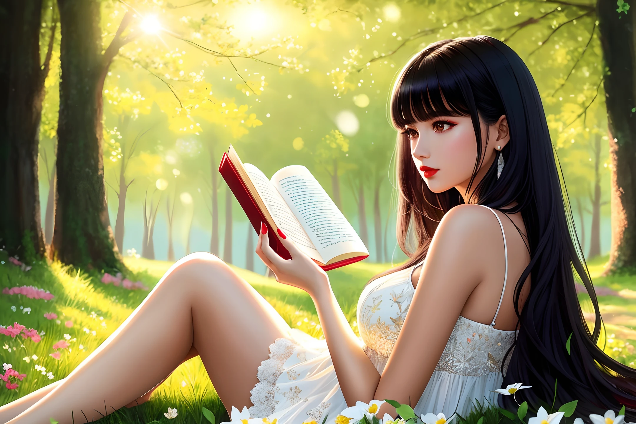 high-quality digital art, red lips, wavy long hair, black hair, bangs, straight bangs, brown eyes, white skin, red nails, picture-perfect face, flawless, clean, masterpiece, (((sharp))) ((focus)) (instagram) (8k) masterpiece, beautiful outfit, delicate tracing, pink accents, digital painting, outside, forest, highly detailed light, cinematic light, high-quality, a digital painting masterpiece, best quality, absurdly high resolution, lying on the grass, resting next to a tree, cozy, flowers, butterfly, detailed background, reading a book, magic book, sunny day, clear sky, shiny reflection, intricate details, glow, shiny hair, long black hair, lustrous skin, smooth, one girl , full body shot