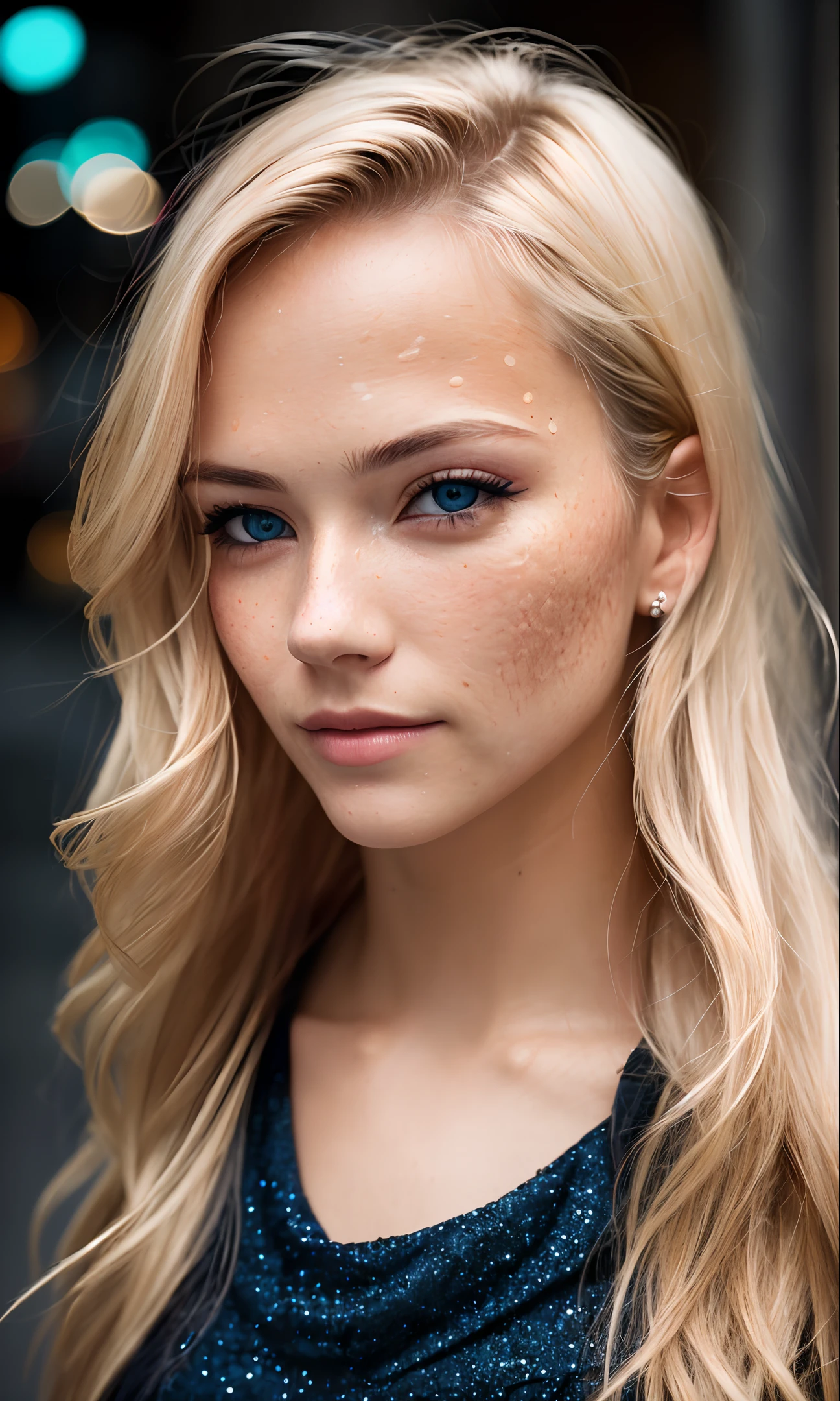 (selfie, top view: 1.4), (straight half of the body: 1.4), RAW UHD portrait photo of a 24-year-old blonde (blue-eyed woman) walking down a dark alley, natural breast_b, city at night, (red sundress), (neckline), details (textures! , hair! , glitter, color!! , disadvantages: 1.1), glossy eyes with high detail (looking at the camera), SLR lighting, SLR camera, ultra-quality, sharpness, depth of field, film grain (center), Fujifilm XT3, crystal clear, frame center, beautiful face, sharp focus, street lamp, neon lighting, bokeh (dimly lit), night, (night sky), detailed skin pores, oily skin, sunburn, complex eye details