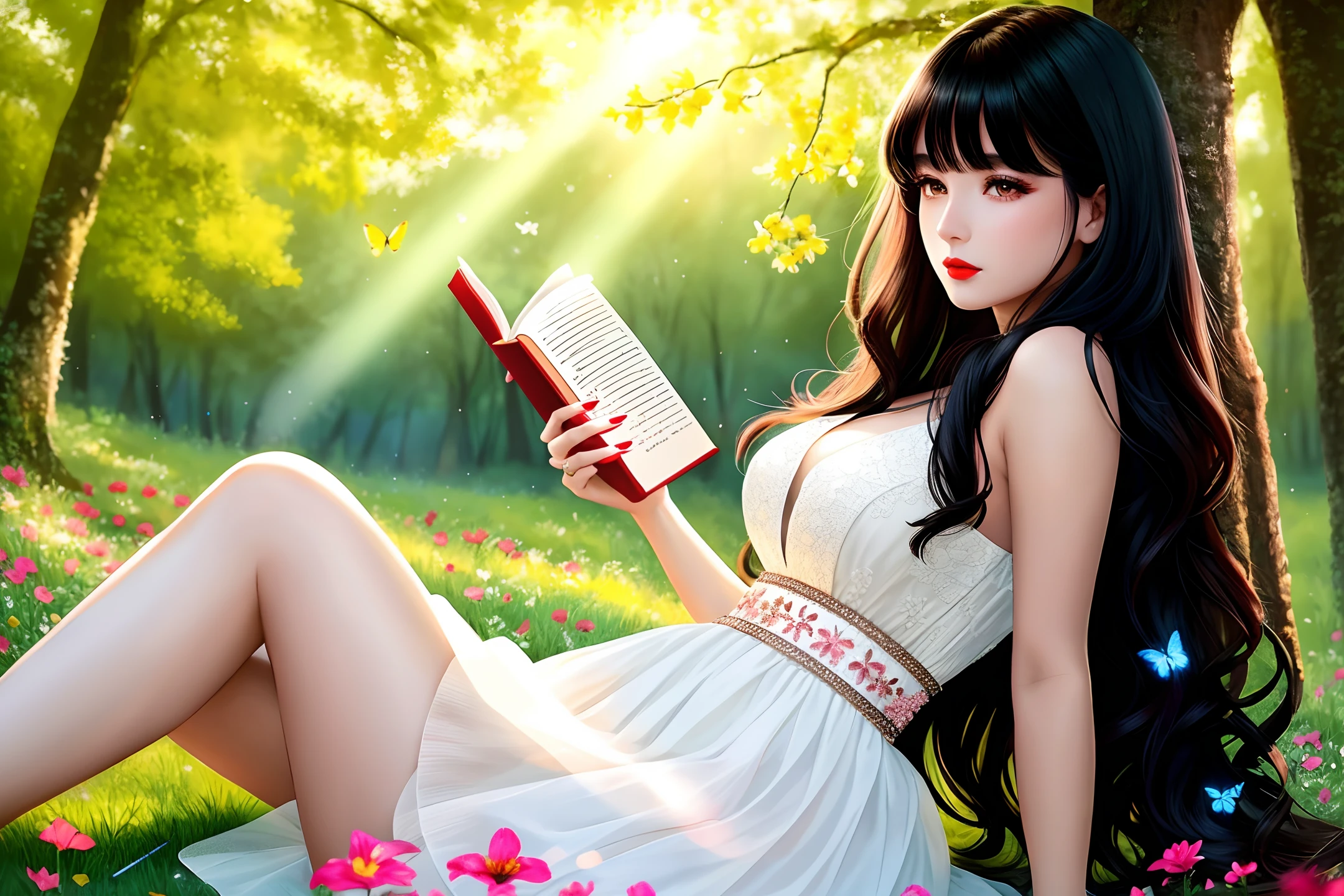  high-quality digital art, red lips, wavy long hair, black hair, bangs, straight bangs, brown eyes, white skin, red nails, picture-perfect face, flawless, clean, masterpiece, (((sharp))) ((focus)) (instagram) (8k) masterpiece, beautiful outfit, delicate tracing, pink accents, digital painting, outside, forest, highly detailed light, cinematic light, high-quality, a digital painting masterpiece, best quality, absurdly high resolution, lying on the grass, resting next to a tree, cozy, flowers, butterfly, detailed background, reading a book, magic book, sunny day, clear sky, shiny reflection, intricate details, glow, shiny hair, long black hair, lustrous skin, smooth, one girl , full body shot 