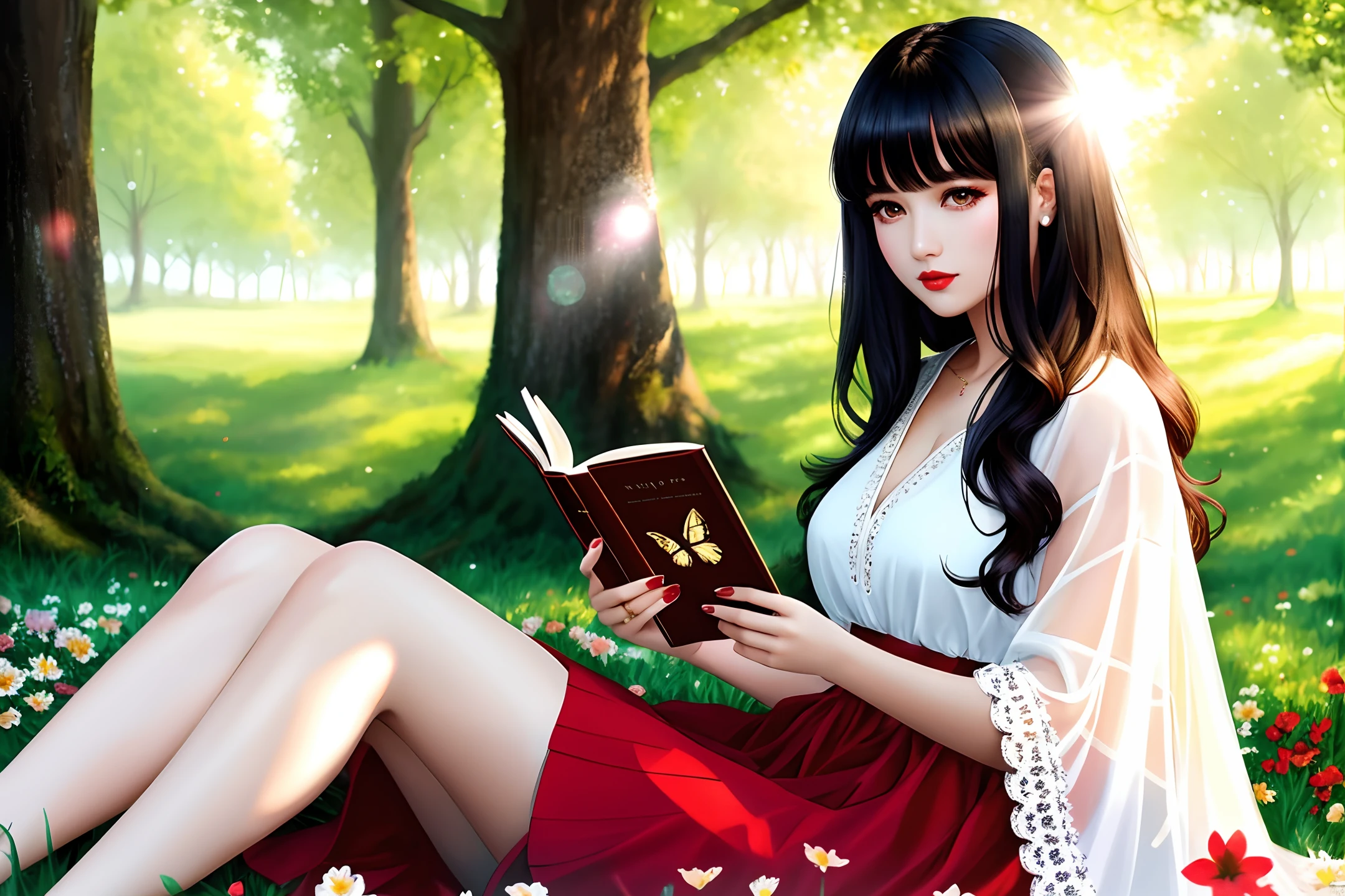 high-quality digital art, red lips, wavy long hair, black hair, bangs, straight bangs, brown eyes, white skin, red nails, picture-perfect face, flawless, clean, masterpiece, (((sharp))) ((focus)) (instagram) (8k) masterpiece, beautiful outfit, delicate tracing, pink accents, digital painting, outside, forest, highly detailed light, cinematic light, high-quality, a digital painting masterpiece, best quality, absurdly high resolution, lying on the grass, resting next to a tree, cozy, flowers, butterfly, detailed background, reading a book, magic book, sunny day, clear sky, shiny reflection, intricate details, glow, shiny hair, long black hair, lustrous skin, smooth, one girl , full body shot
