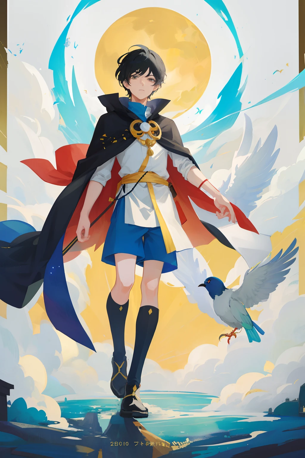 1. drawing of a boy with a cape and a bird on his head, Omori, hero 2 d fanart artsation, inspired by Un'ichi Hiratsuka, official fanart, lunar-themed costume, John Egbert, cel - shaded art style, full-body portrait from a short film! , inspired by Puru, in anime style, adoptable character.
2. drawing of a boy with a cape and a bird on his head, a character portrait inspired by Un'ichi Hiratsuka, tumblr, mingei, omori, hero 2D fanart artsation, official fanart, lunar-themed costume, John Egbert, cel - shaded art style, full body portrait of a shorts! , anime-style, adoptable character.