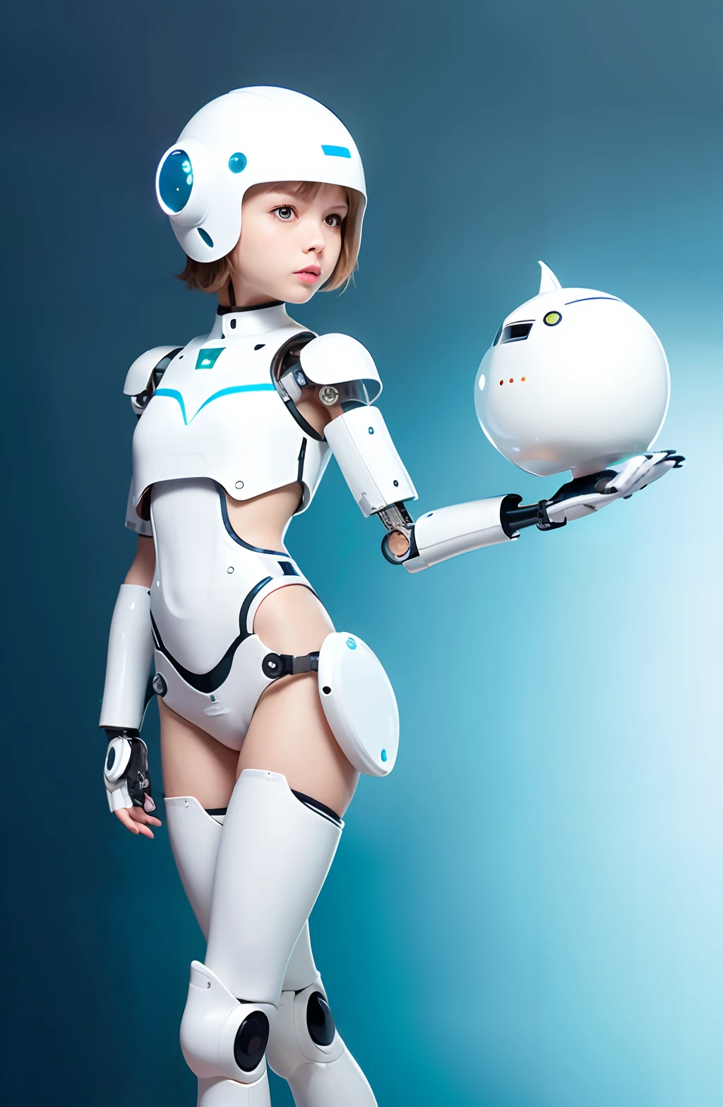 cute human young girl face, robotic arms, robotic hips and legs, extremely pretty and feminine, short, petite, small, slender figure, close fitting white armor, cleavage, flat belly showing, helmet with antenna, robotic joints, very stylish
