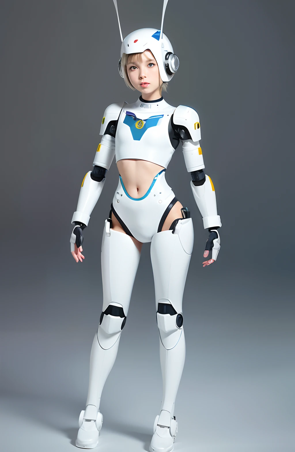 cute human young girl face, robotic arms, robotic hips and legs, extremely pretty and feminine, short, petite, small, slender figure, close fitting white armor, cleavage, flat belly showing, helmet with antenna, robotic joints, very stylish