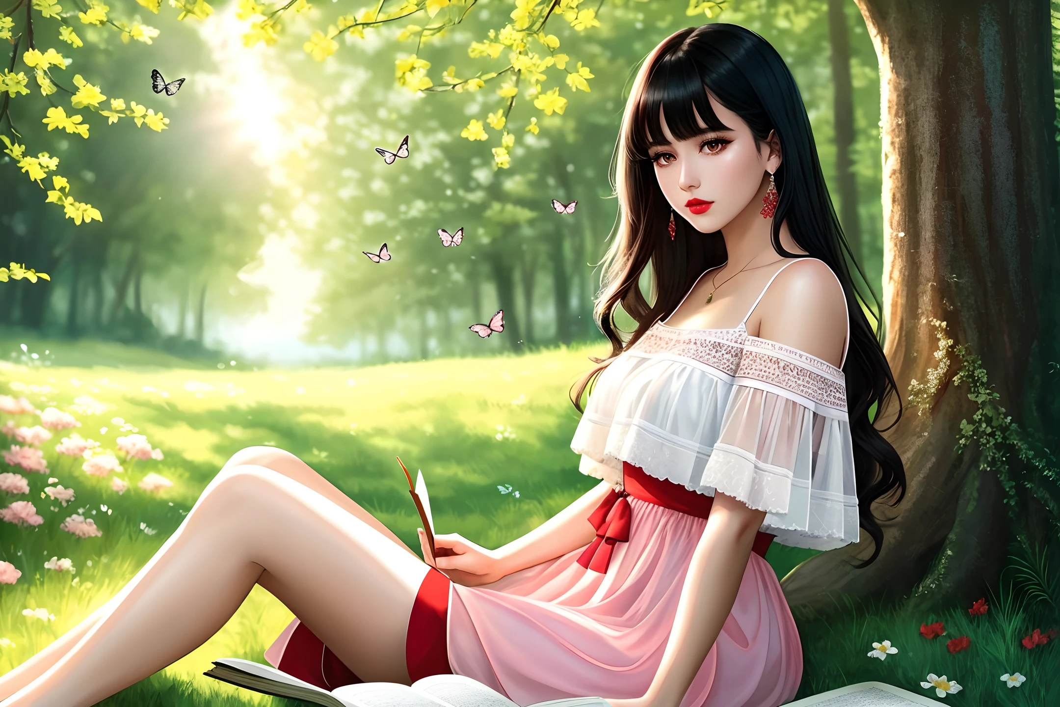 high-quality digital art, red lips, wavy long hair, black hair, bangs, straight bangs, brown eyes, white skin, red nails, picture-perfect face, flawless, clean, masterpiece, (((sharp))) ((focus)) (instagram) (8k) masterpiece, beautiful outfit, delicate tracing, pink accents, digital painting, outside, forest, highly detailed light, cinematic light, high-quality, a digital painting masterpiece, best quality, absurdly high resolution, lying on the grass, resting next to a tree, cozy, flowers, butterfly, detailed background, reading a book, magic book, sunny day, clear sky, shiny reflection, intricate details, glow, shiny hair, long black hair, lustrous skin, smooth, one girl , full body shot