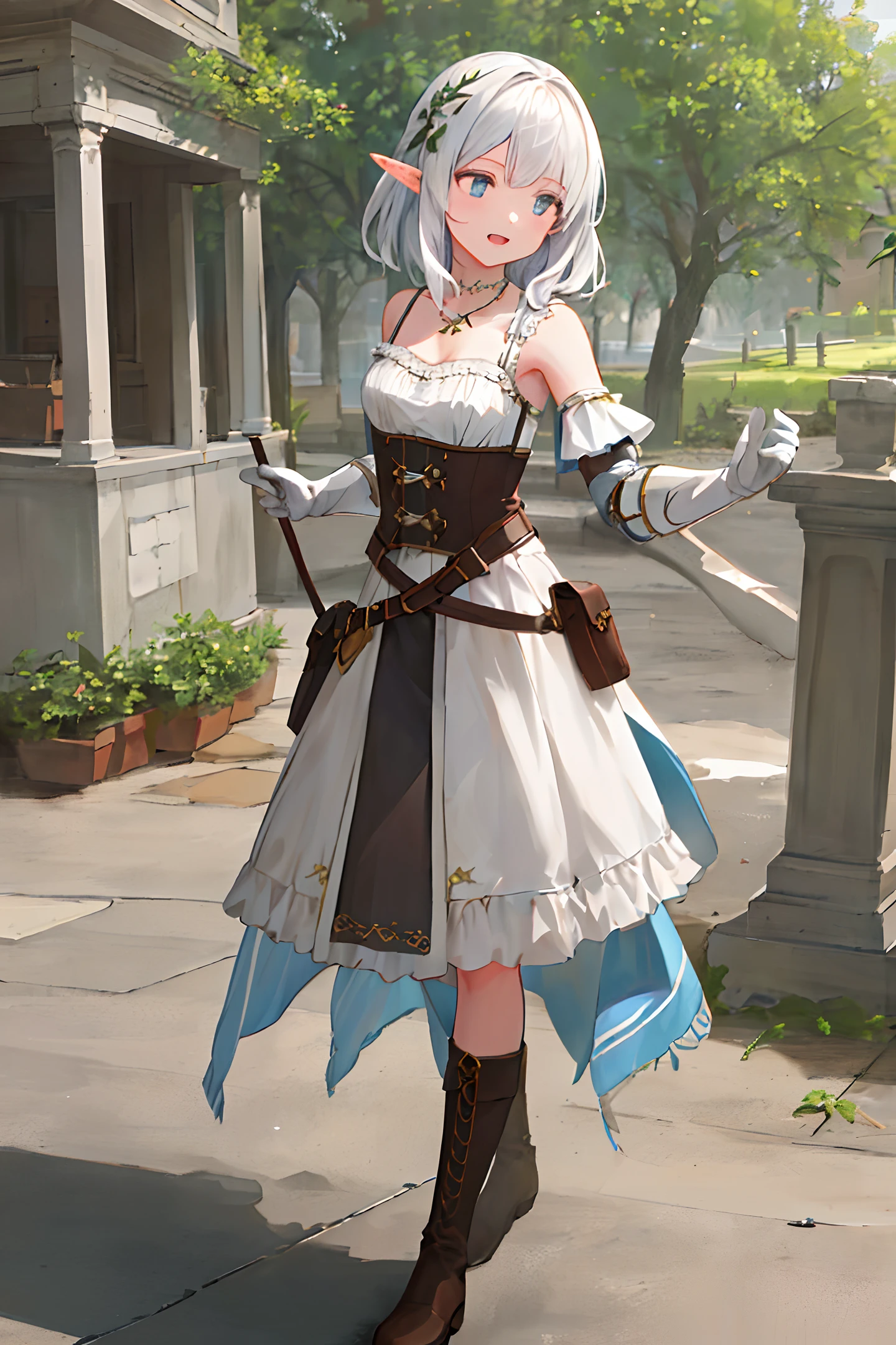 ((masterpiece,best quality)),solo,1girl,ray_tracing,delicate_slim_figure,beautiful_curves,correct_limbs,best_shadows,realistic_lighting,subtle_smiles,exquisite_expressions,detailed_clothes,detailed_expressions,delicate_faces,charming_girl,dress,boots,perfect_anatomy, corsets,belts,magic,elegant_backgrounds,stunning_illustrations,Adventurers,Western fantasy,fantasy,semi-elves,elven_ears,musician,music, bard,silver_hair,lightweight_leather_armor,white_stockings,fantasy,dragons_and_dungeons,necklaces,armour,leg_rings, lovely_medium_breasts,looking_at_viewer,bare_shoulders,cleavage,perfect_face,lustrous_skin,beautiful_eyes,whole_body,adwenture,fighting,standing,outside,outdoor,forest,leather_gloves,blue_eyes,leather_bag,Medieval_city,lips,jewelry，Original characters, natural volumetric light and optimal shadows, depth of field, clear focus, pretty, charming portrait of a petite girl, soft, delicate and charming face, charming dark eyes,  sharp eyeliner (yawning and half-closed eyes: 1.05), lovely fangs with open mouth, white hair blown by the wind, thick layered hair, thick layered hair, thick blush eyeshadow with thick eyelashes, parted lips, (highest quality, amazing detail: 1.4), masterpiece, blooming, anime characters; full body art on pixiv, anime contests.
