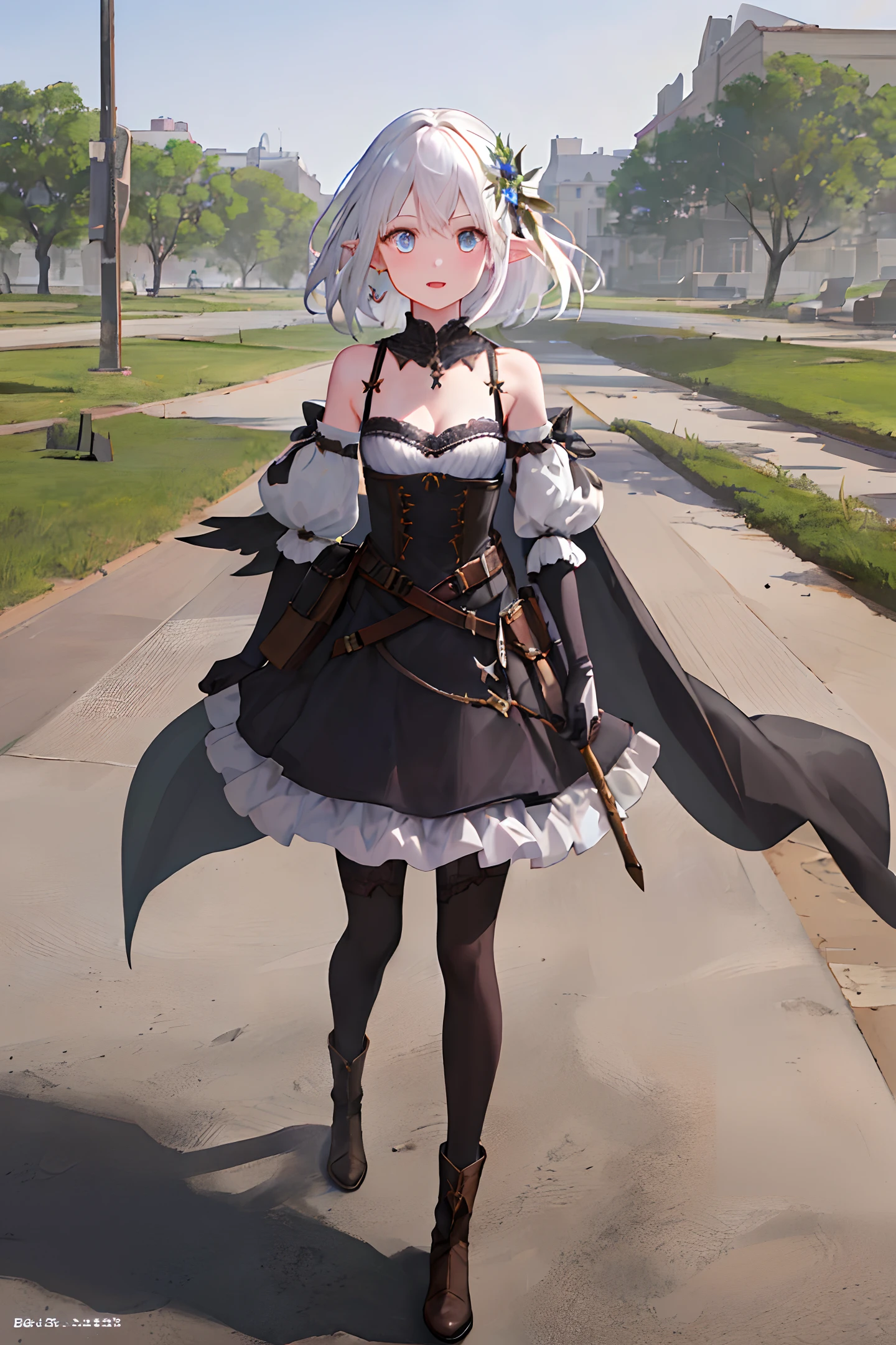 ((masterpiece,best quality)),solo,1girl,ray_tracing,delicate_slim_figure,beautiful_curves,correct_limbs,best_shadows,realistic_lighting,subtle_smiles,exquisite_expressions,detailed_clothes,detailed_expressions,delicate_faces,charming_girl,dress,boots,perfect_anatomy, corsets,belts,magic,elegant_backgrounds,stunning_illustrations,Adventurers,Western fantasy,fantasy,semi-elves,elven_ears,musician,music, bard,silver_hair,lightweight_leather_armor,white_stockings,fantasy,dragons_and_dungeons,necklaces,armour,leg_rings, lovely_medium_breasts,looking_at_viewer,bare_shoulders,cleavage,perfect_face,lustrous_skin,beautiful_eyes,whole_body,adwenture,fighting,standing,outside,outdoor,forest,leather_gloves,blue_eyes,leather_bag,Medieval_city,lips,jewelry，Original characters, natural volumetric light and optimal shadows, depth of field, clear focus, pretty, charming portrait of a petite girl, soft, delicate and charming face, charming dark eyes,  sharp eyeliner , lovely fangs with open mouth, white hair blown by the wind, thick layered hair, thick blush eyeshadow with thick eyelashes, parted lips, masterpiece, blooming, anime characters; full body art on pixiv, anime contests.
