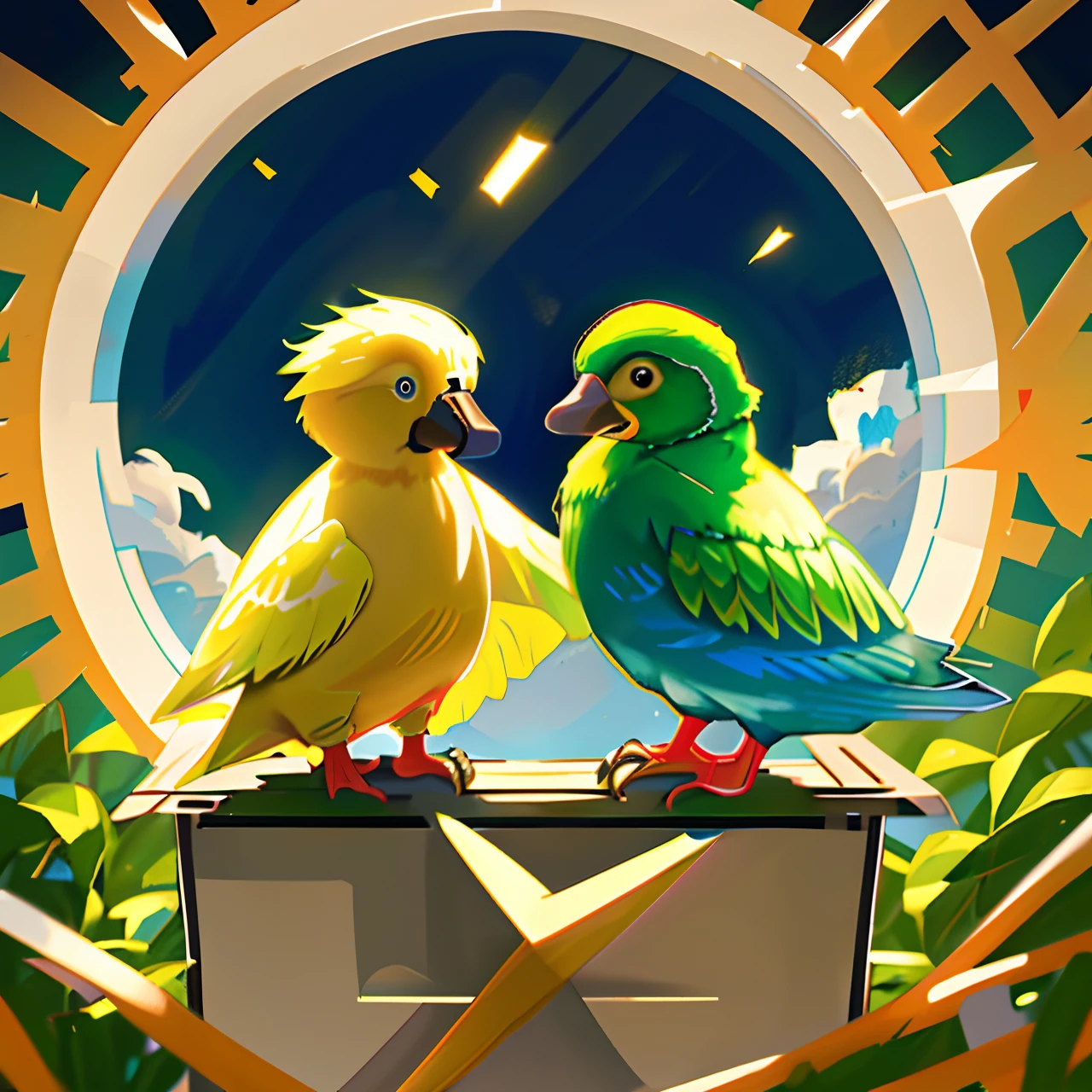 Duck in a box,parrot sitting next to duck in box,high quality, high quality background, detailed, cute, adorable, green, parrot is orange, parrot made of celestial bodies, background in space,cosmic,dreamlike