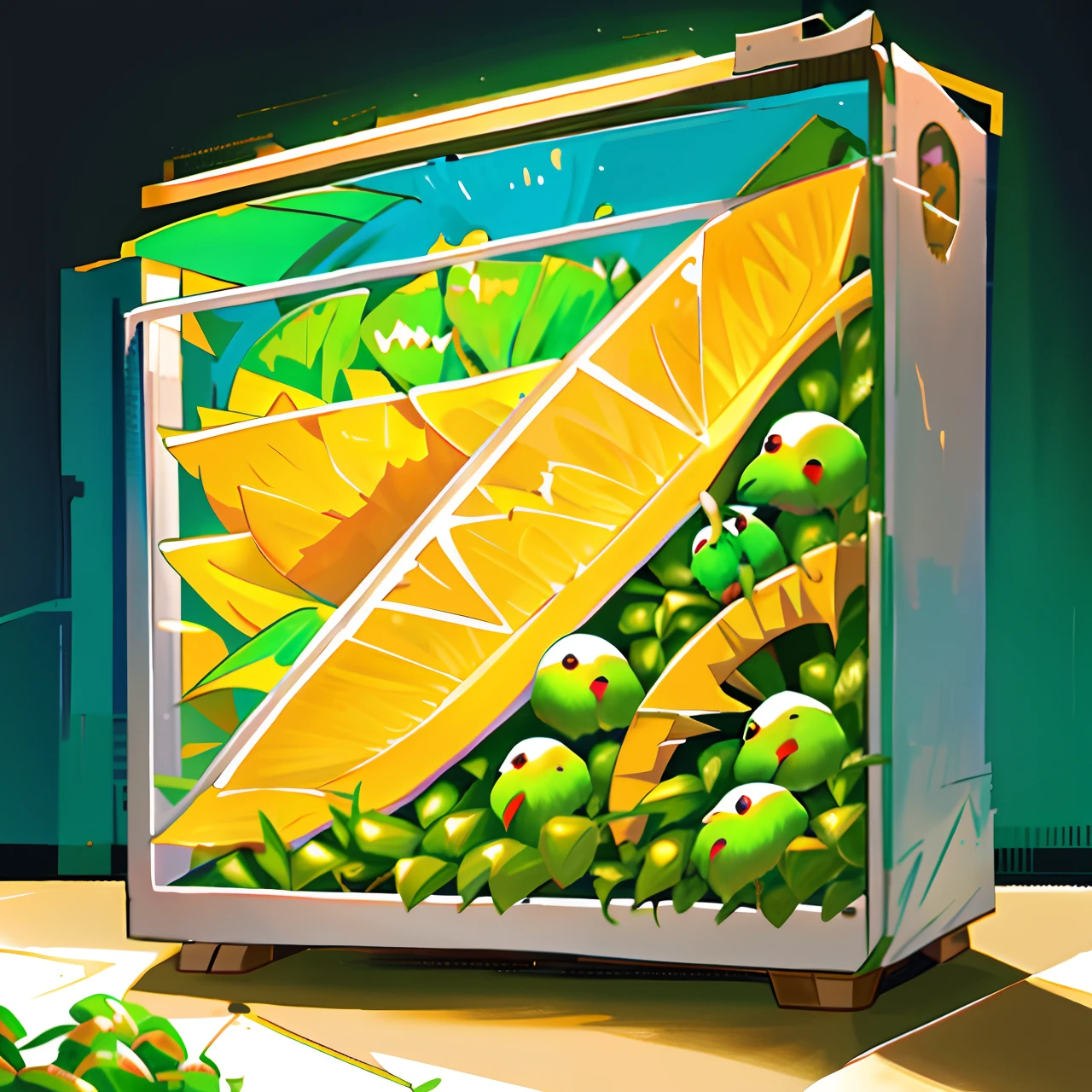 Duck in a box,parrot sitting next to duck in box,high quality, high quality background, detailed, cute, adorable, green, parrot is orange, [parrot made of celestial space clouds],cosmic,dreamlike, [space background 1.2]