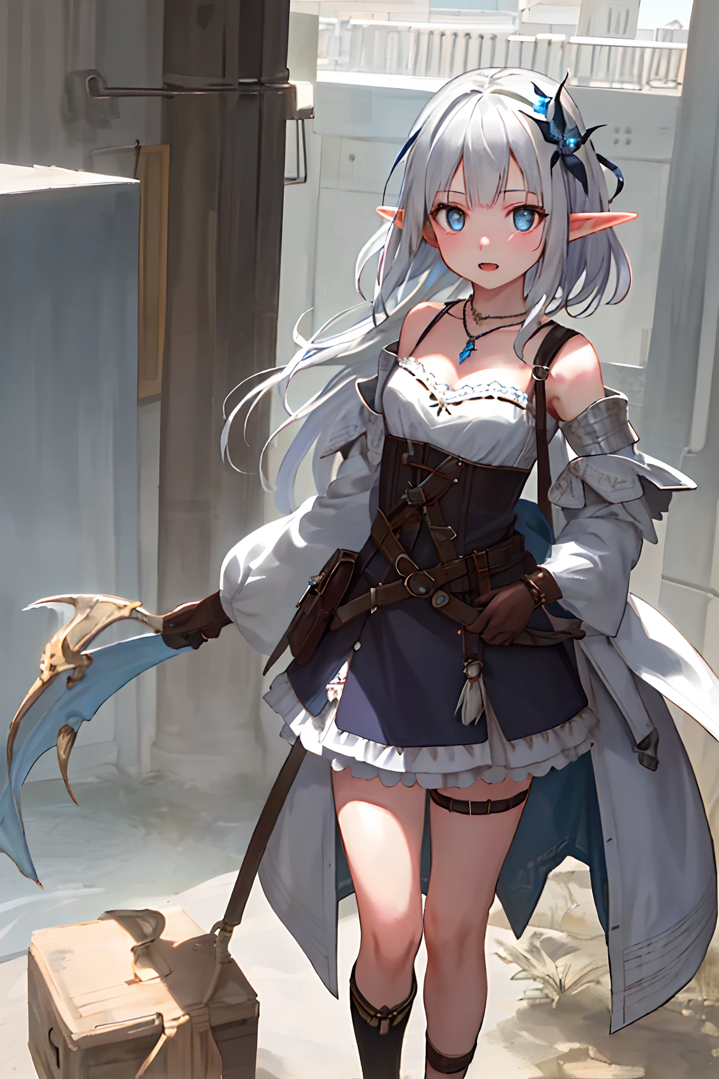 (masterpiece, best quality)), solo, 1 girl, ray_tracing, delicate_slim_figult_figure, best_shadows, realistic_light_lighting, switeled_expressions, detailed_expressions, detailed_expression_expressions, detailed_expression_expressions, detailed_expression_expressions, detailed_expresions, detailed_expresions, detailed_expresions, detailed_expresion_intluatures, Adventurers, Western fantasy, fantasy, semi-elves, ears of elves, musicians, music, minder, silver hair, lightweight leather armor, white stockings, fantasy, dragons_and_dungeons, necklaces, armors, anklets, necklaces, armors, anklets, looking_at_viewer, bare_shoulder, cleavage, perfect_face, lustros_skin, beautiful_eyes, full body, adventure, fighting, standing, outdoor, forest, leather gloves, blue_eyes, leather_bag, medieval_city, lips, jewelry, original characters, natural volumetric light and optimal shadows, depth of field, sharp focus, beautiful, charming portrait of a petite girl, soft, delicate, charming face, charming dark eyes, Sharp eyeliner, cute fangs that open your mouth, gray hair blown by the wind, thick layered hair, thick blush eyeshadow and thick eyelashes, separate lips, masterpieces, blooming, animated characters; full body art on pixiv, animated contests.
