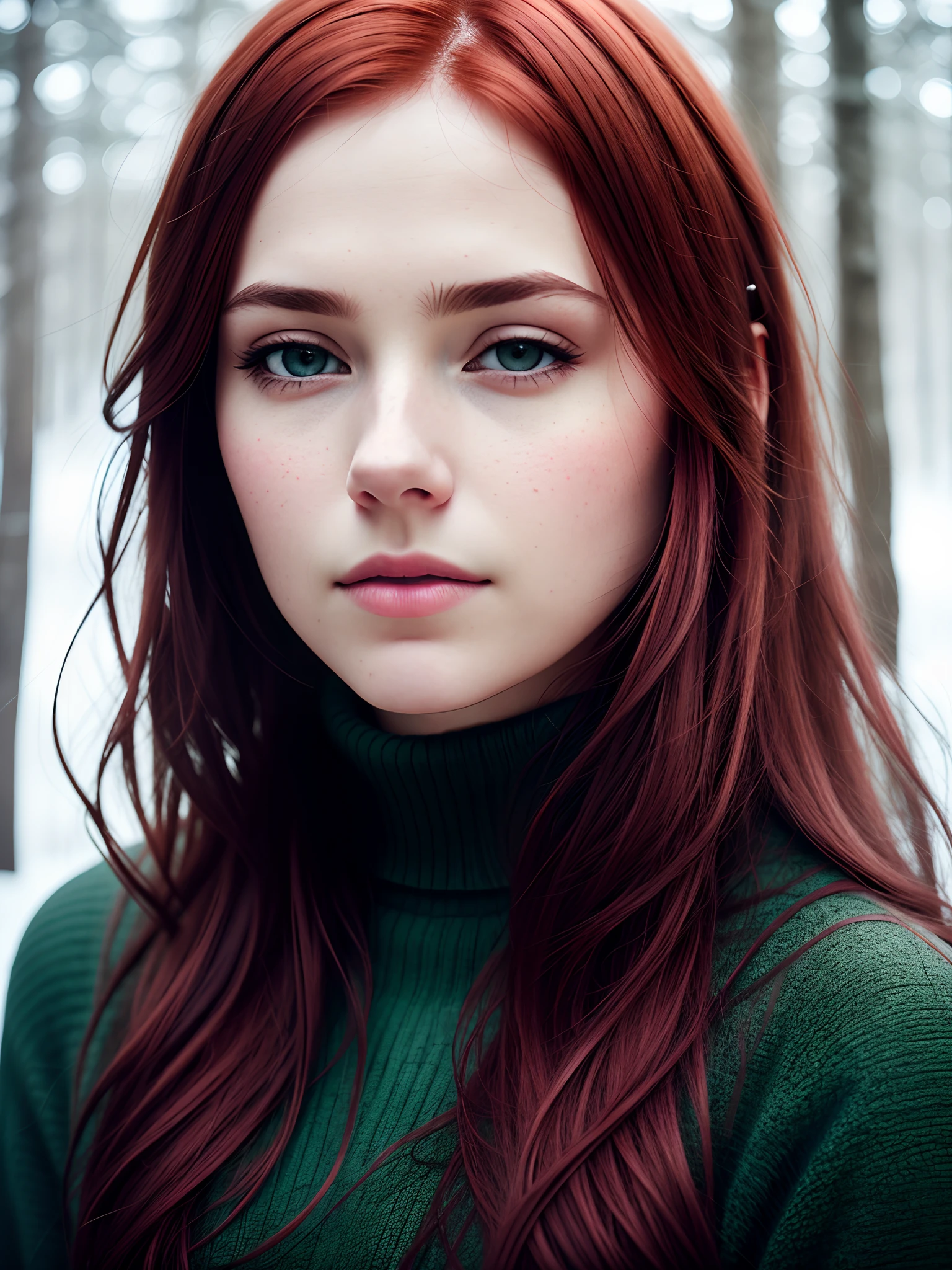 close-up of a European woman, red hair, winter forest, natural skin texture, 24mm textures, 4k, soft cinematic light, RAW photography, photorealism, photorealistic, complex, elegant, highly detailed, sharp focuses, (((cinematic look)))), soothing tones, crazy details, complex details, hyperdetail, low contrast, soft cinematic light, dim colors, combination of exposures, HDR, faded