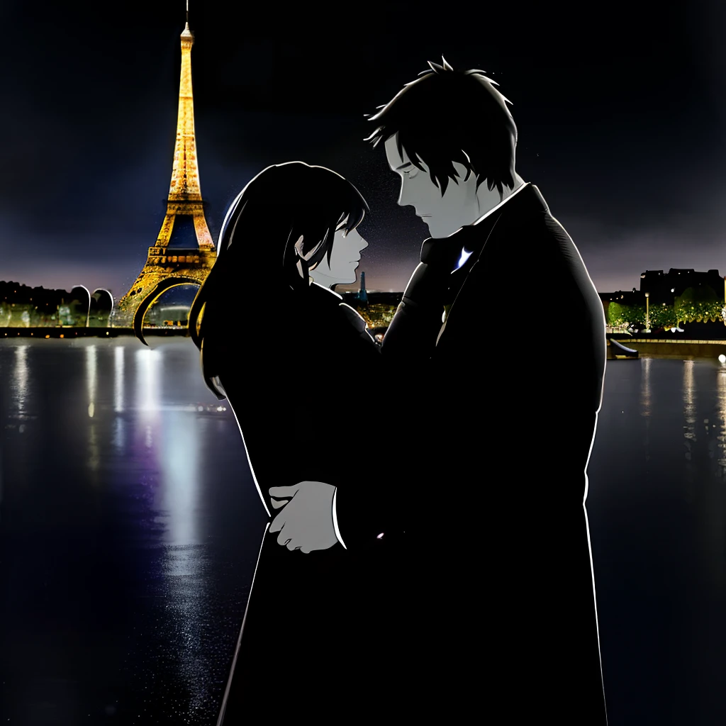 brushfulabstraction style, midnight, black sky, rainy night in Paris, the harbor lights are low, a street in Paris, a man holds his lover close, masterpiece, low angle,best quality, masterpiece, cloud, starry, stars, dreamlike, masterpiece, impressionism, vibrant colors, volumetric lighting, soft light, diffused lighting, radiant light rays