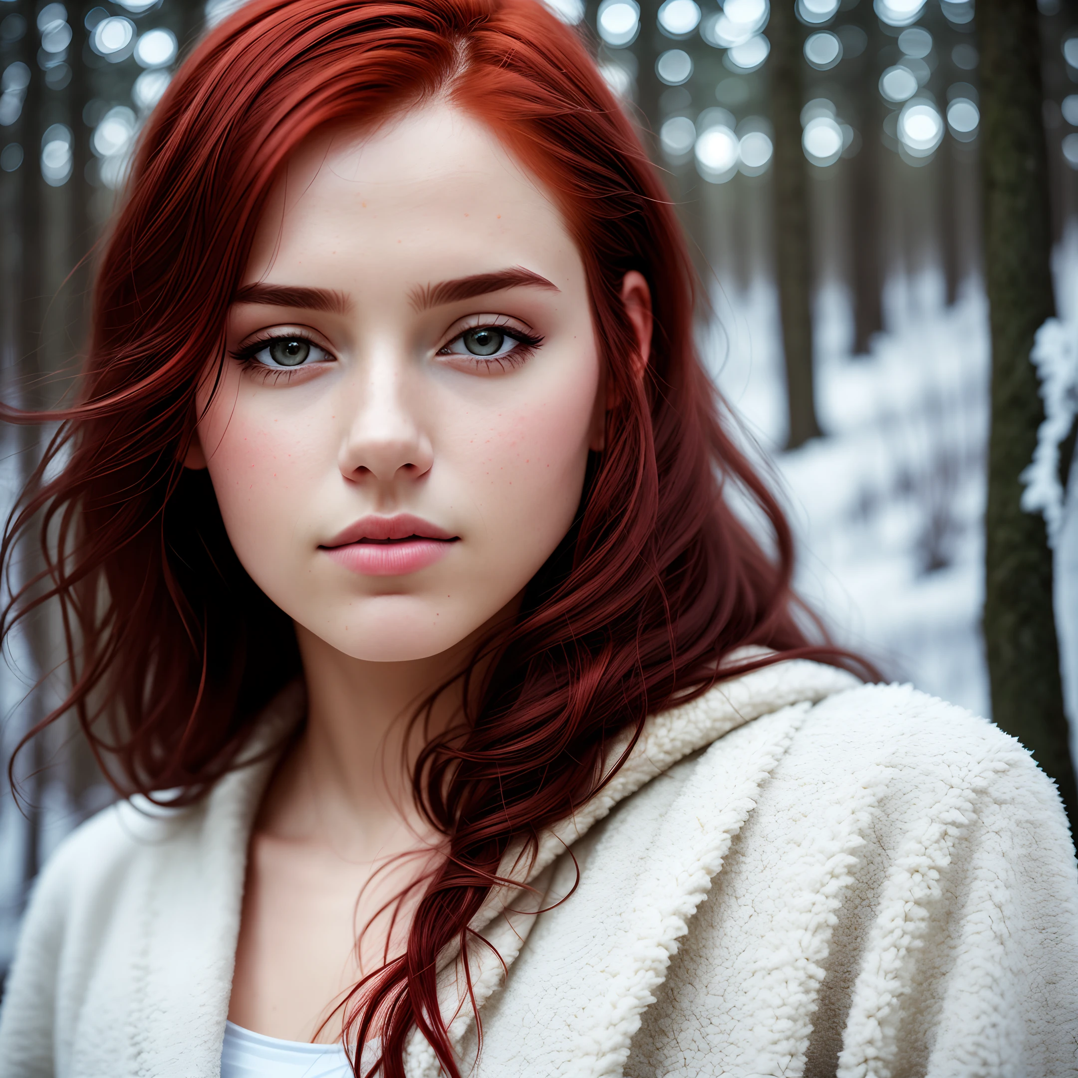 close-up of a European woman, red hair, winter forest, natural skin texture, 24mm textures, 4k, soft cinematic light, RAW photography, photorealism, photorealistic, complex, elegant, highly detailed, clear focus, (((cinematic view)))), soothing tones, crazy details, complex details, hyperdetail, low contrast, soft cinematic light, dull colors, combination of exposures, HDR, faded