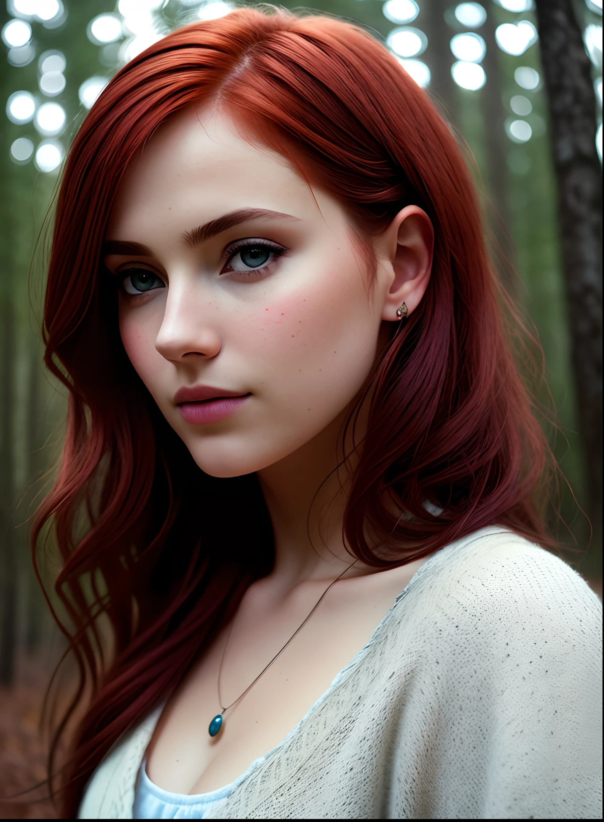 close-up of a European woman, red hair, winter forest, natural skin texture, 24mm textures, 4k, soft cinematic light, RAW photography, photorealism, photorealistic, complex, elegant, highly detailed, clear focus, (((cinematic view)))), soothing tones, crazy details, complex details, hyperdetail, low contrast, soft cinematic light, dull colors, combination of exposures, HDR, faded