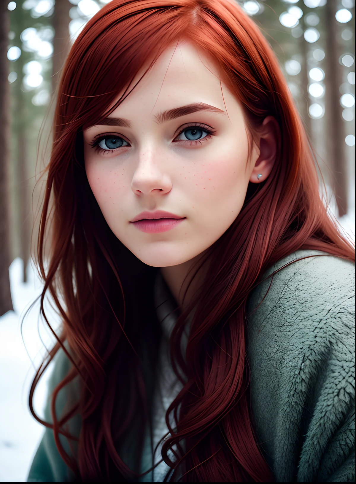 close-up of a European woman, red hair, winter forest, natural skin texture, 24mm textures, 4k, soft cinematic light, RAW photography, photorealism, photorealistic, complex, elegant, highly detailed, clear focus, (((cinematic view)))), soothing tones, crazy details, complex details, hyperdetail, low contrast, soft cinematic light, dull colors, combination of exposures, HDR, faded