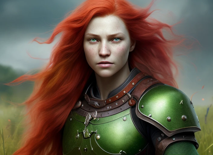 sfw, game CG work, masterpiece, great detail, super detail, (realism 1.4), (green skin: 1.4), (long red hair: 1.2), (smooth skin 1.4), bare arms, bare abdomen, strong muscles, leather armor, facial details, facial details, upper body, field background, light tracking)