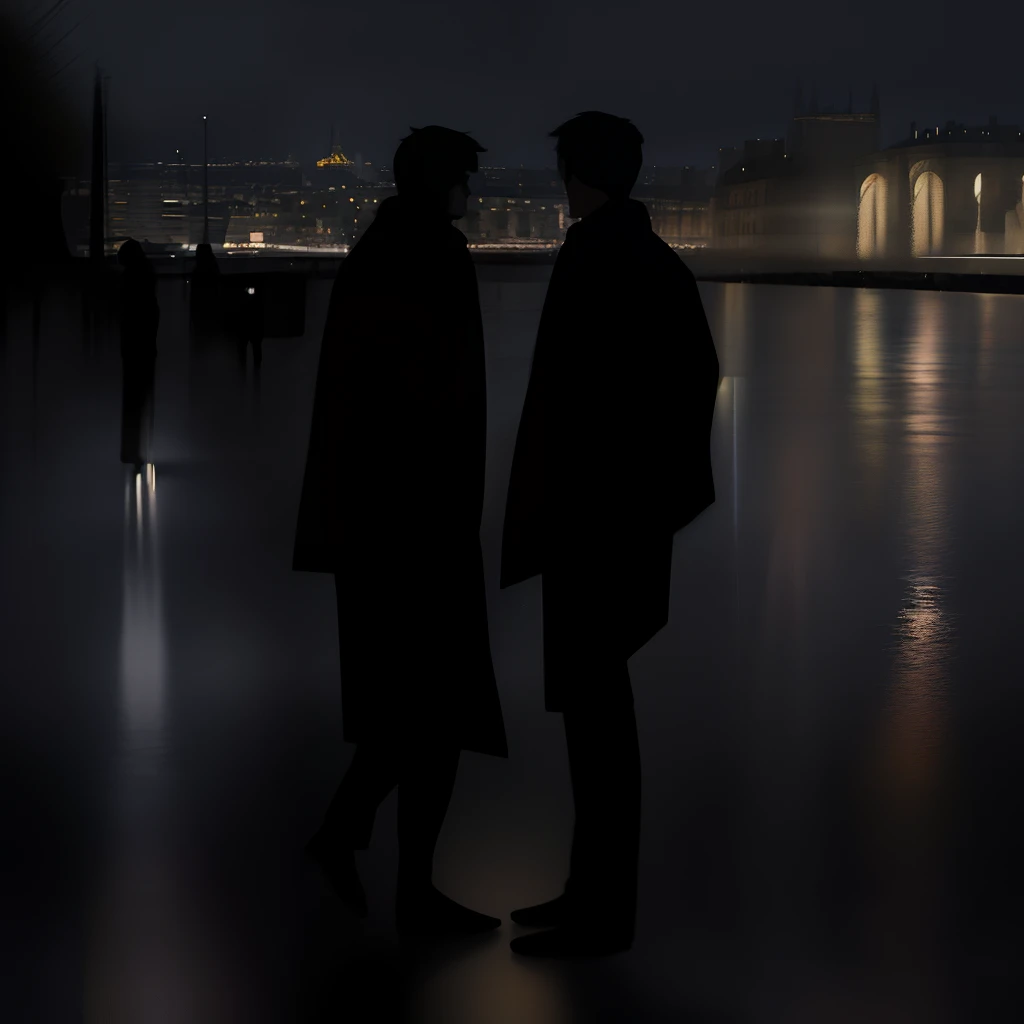 brushfulabstraction style, midnight, black sky, rainy night in Paris, the harbor lights are low, a street in Paris, a man holds his lover close, masterpiece, best quality, 8k, low angle,best quality, masterpiece, cloud, starry,stars, high quality, dreamlike, best quality, masterpiece, impressionism, vibrant colors, volumetric lighting, soft light, diffused lighting, radiant light rays