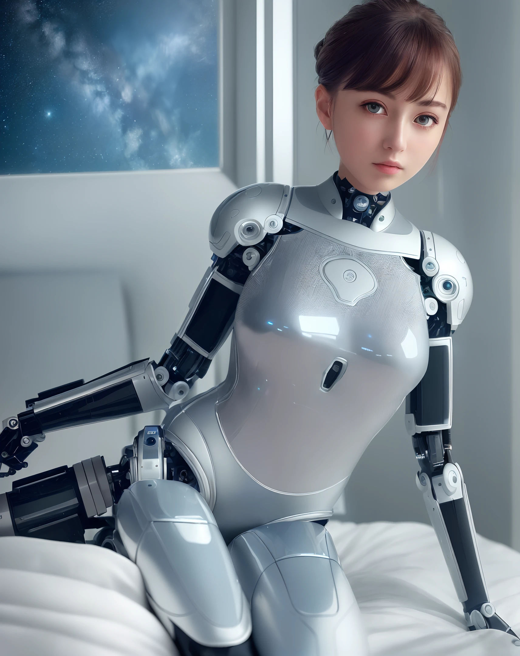 (8k, best quality, masterpiece:1.2),highly detailed,masterpiece,ultra-detailed,solo,1girl,(Delicate eyes),plugsuit, 1girl, short_hair, starry_sky, bodysuit,taut_clothes,medium breast,bokeh,clothes with a sense of mechanical technology, robotic arms and legs, science fiction, posed lying on bed